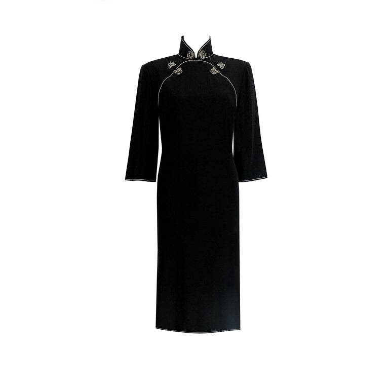 1980s Vintage Silk Dress - Black + White Piping Detail + Floral Buttons -one-off