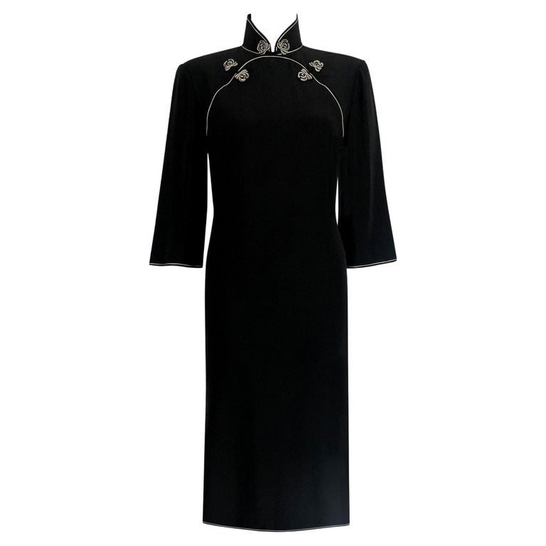 1980s Vintage Silk Dress - Black + White Piping Detail + Floral Buttons -one-off