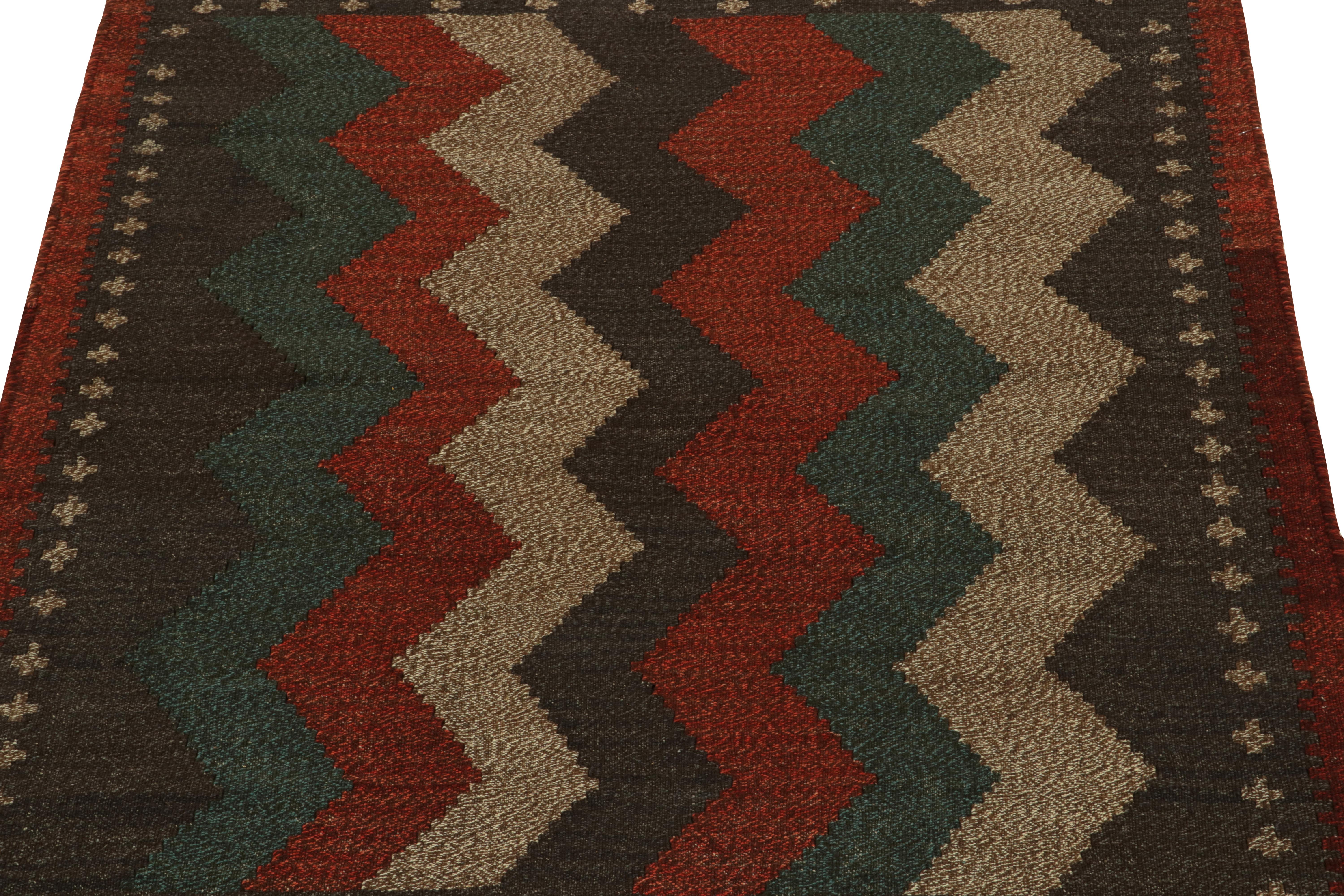 Turkish 1980s Vintage Sofreh Kilim rug in Beige-Brown Red Chevron Pattern by Rug & Kilim For Sale
