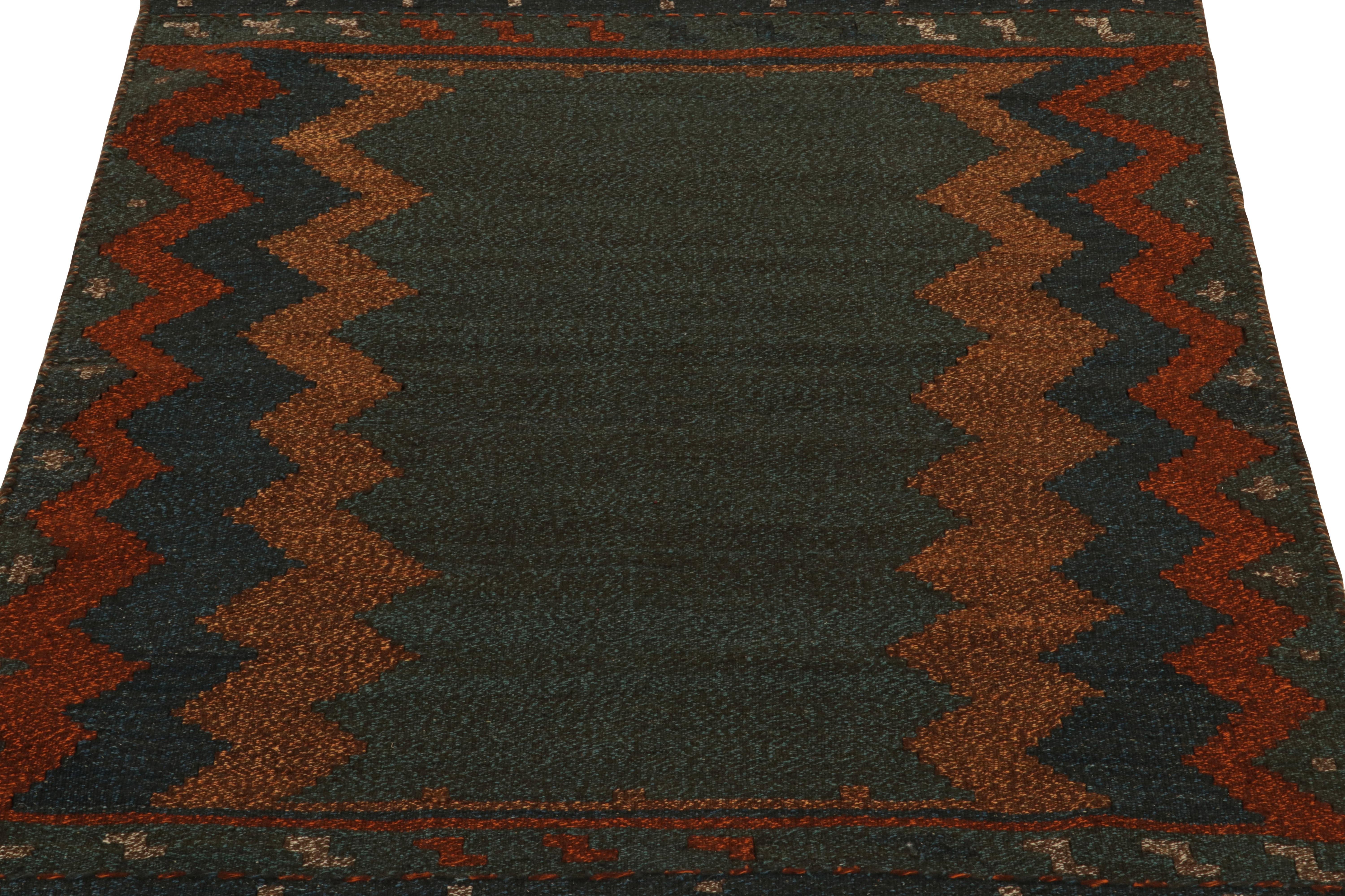 Handwoven in wool circa 1980-1990, from a rare vintage curation of small-sized Persian Sofreh Kilims now joining our collection. Distinguished for both its 3x4 size, durability, and progressive colorways among flat weaves of the period. 

The