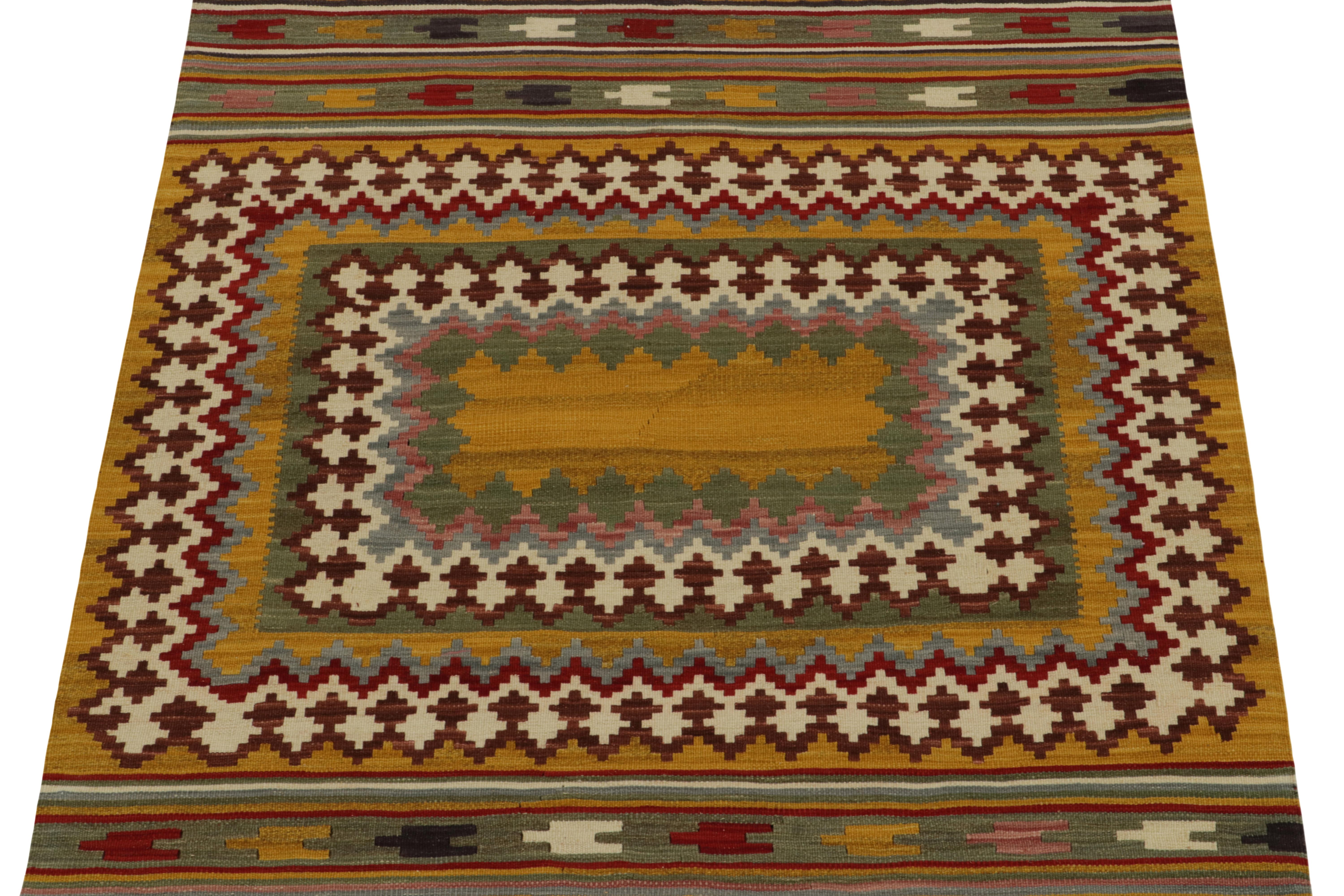 Handwoven in wool circa 1980-1990, a rare vintage curation of small-sized Sofreh Kilim rugs joining our acclaimed collection. Especially distinct in 3x4 size, color, and durability among Persian flat weaves of its time. 

The piece carries a
