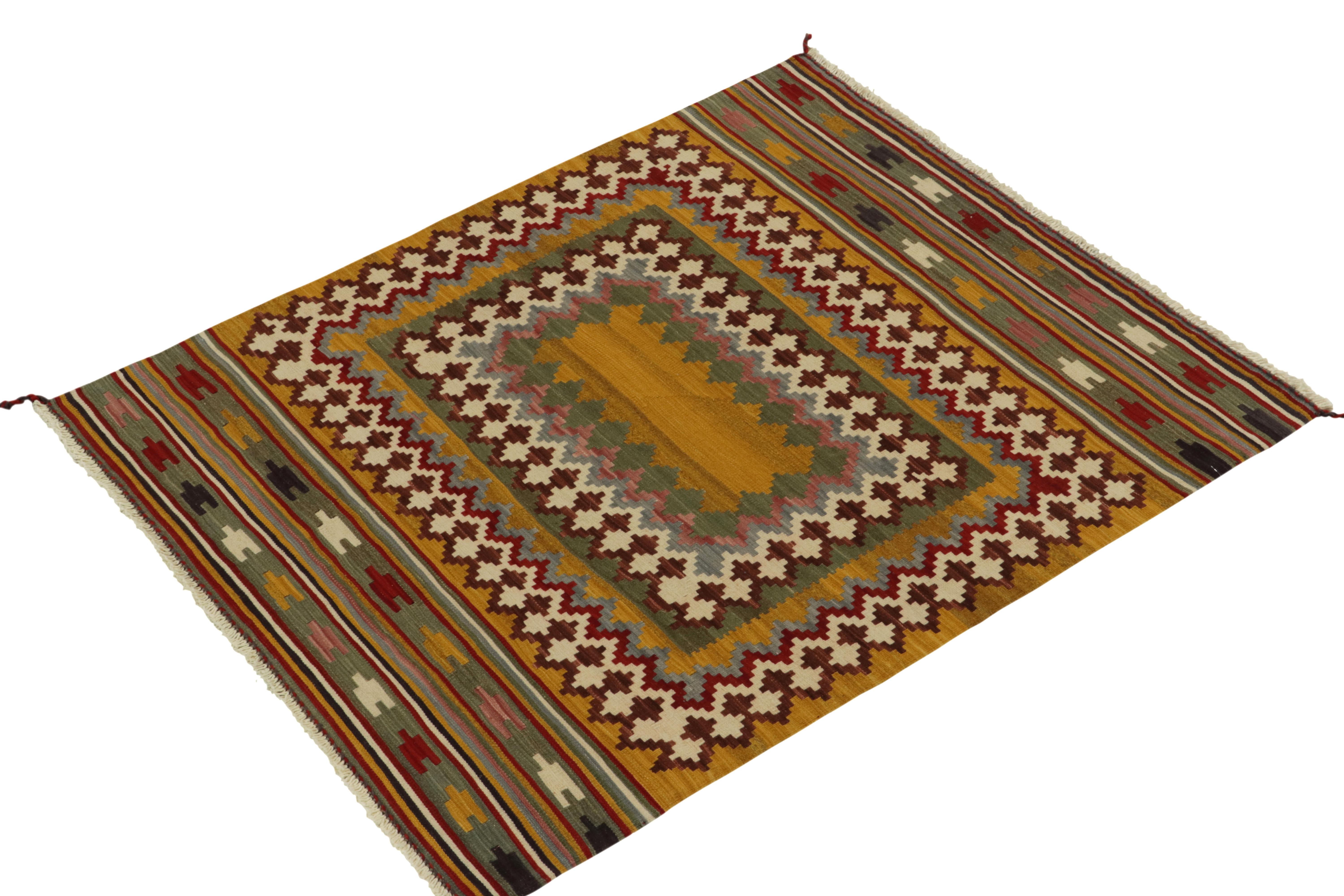 Persian 1980s Vintage Sofreh Kilim Rug in Gold, Green Tribal Pattern by Rug & Kilim For Sale