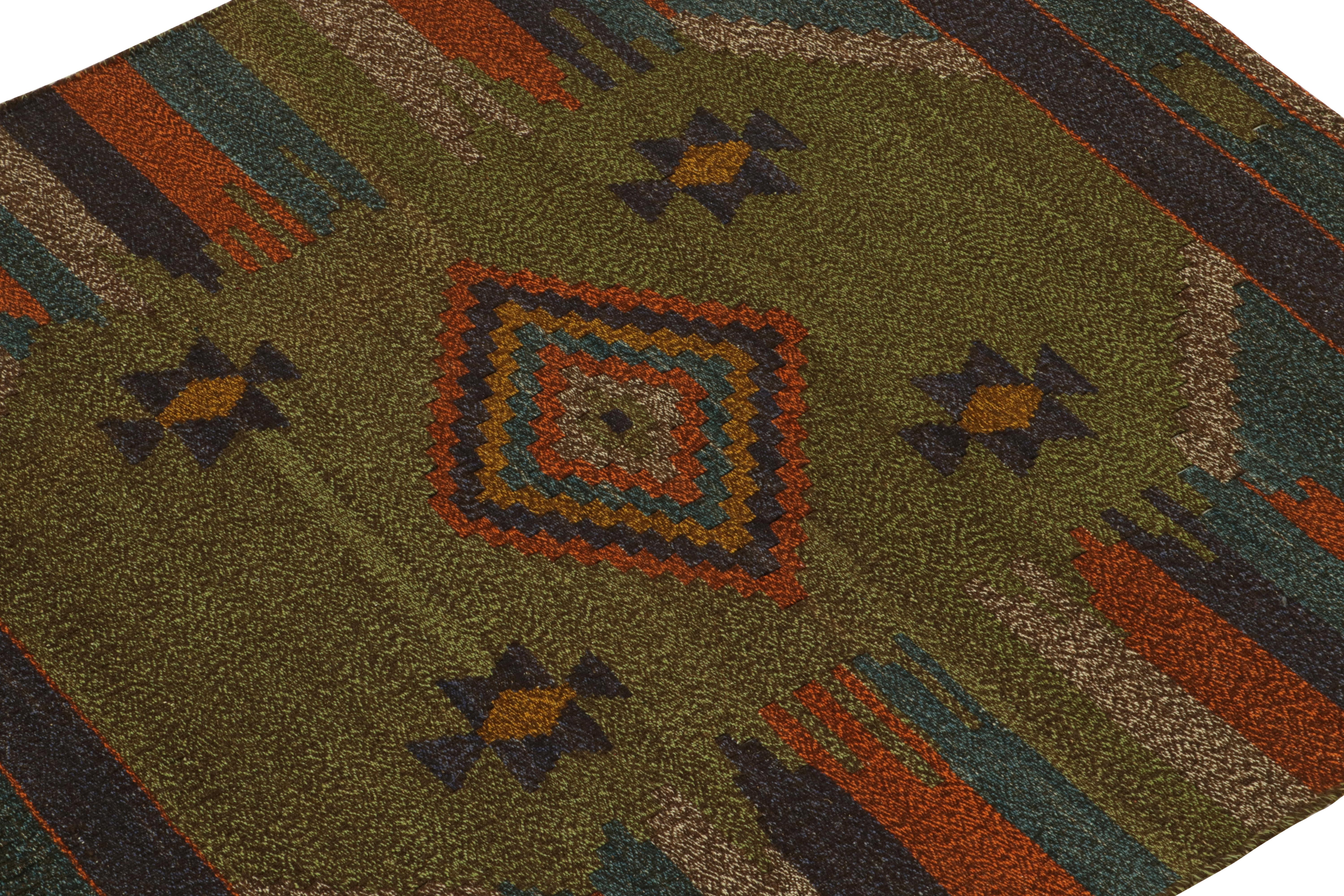 Turkish 1980s Vintage Rug in Green with Blue and Orange Geometric Pattern by Rug & Kilim For Sale