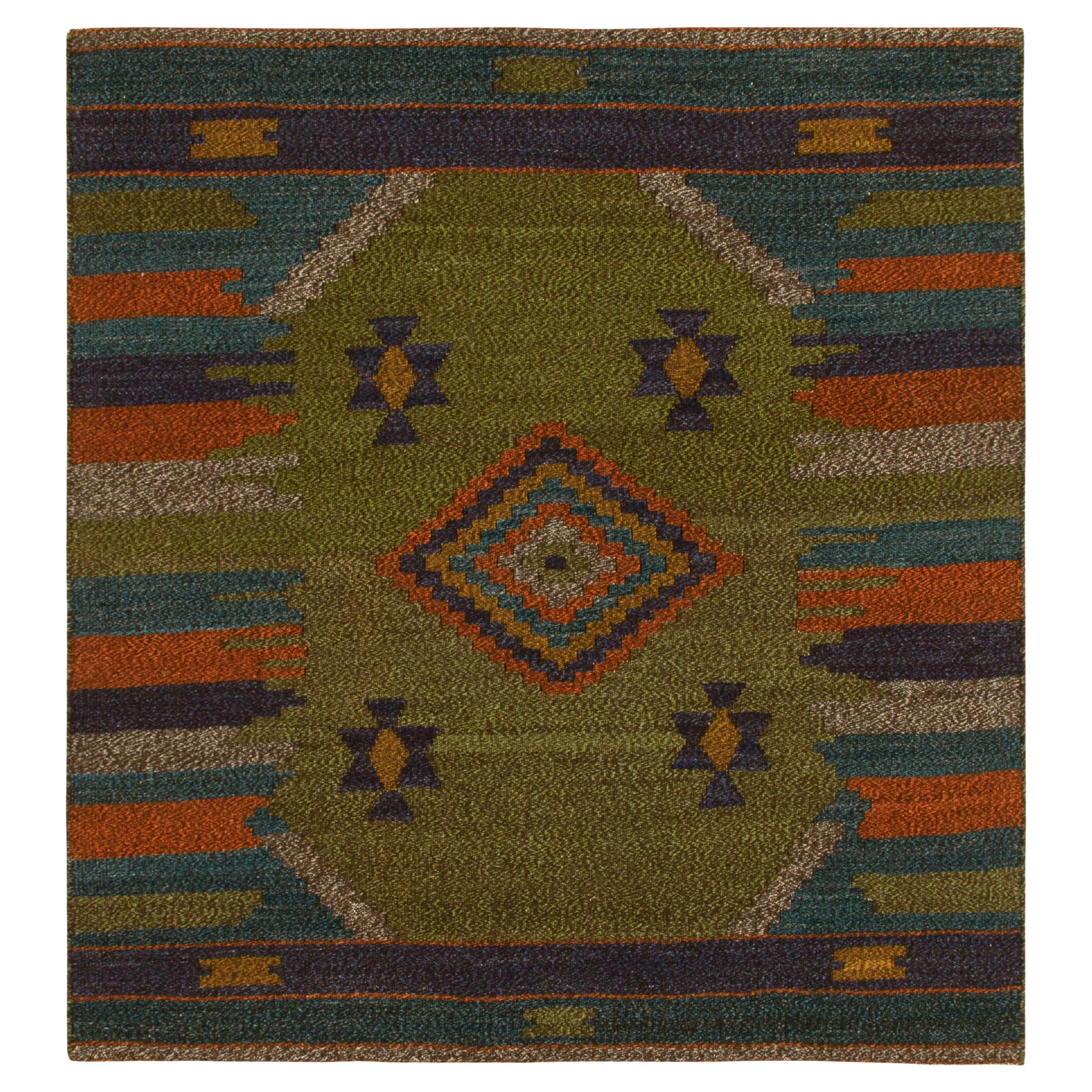1980s Vintage Rug in Green with Blue and Orange Geometric Pattern by Rug & Kilim For Sale