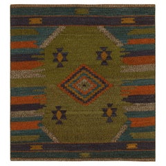 1980s Vintage Rug in Green with Blue and Orange Geometric Pattern by Rug & Kilim