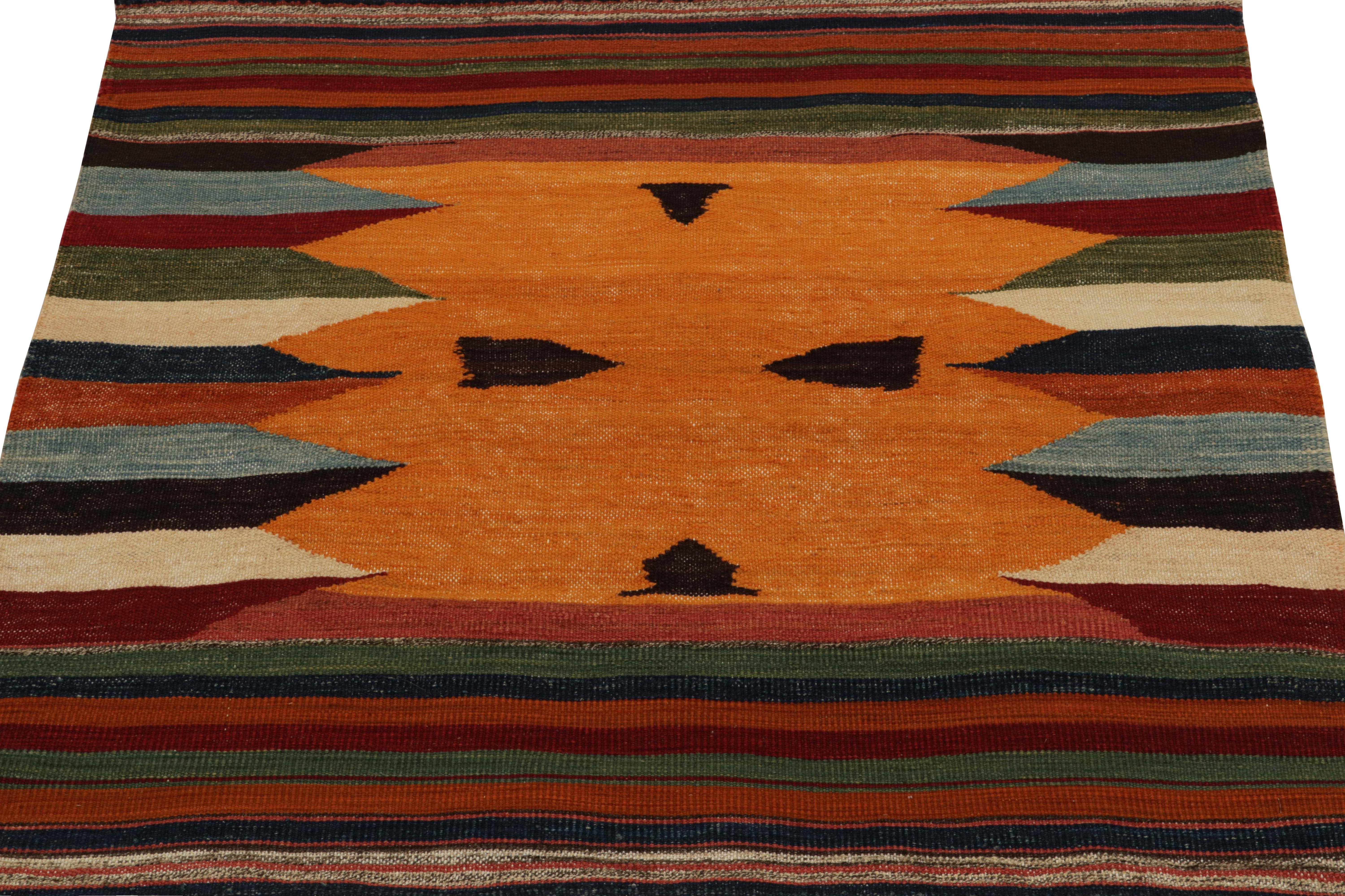 Originating circa 1980-1990, a rare vintage curation of small-sized Persian Sofreh Kilims our principal has newly acquired. Distinguished for both its 3x3 square size and durability among flat weaves of the period. 

The piece carries a unique