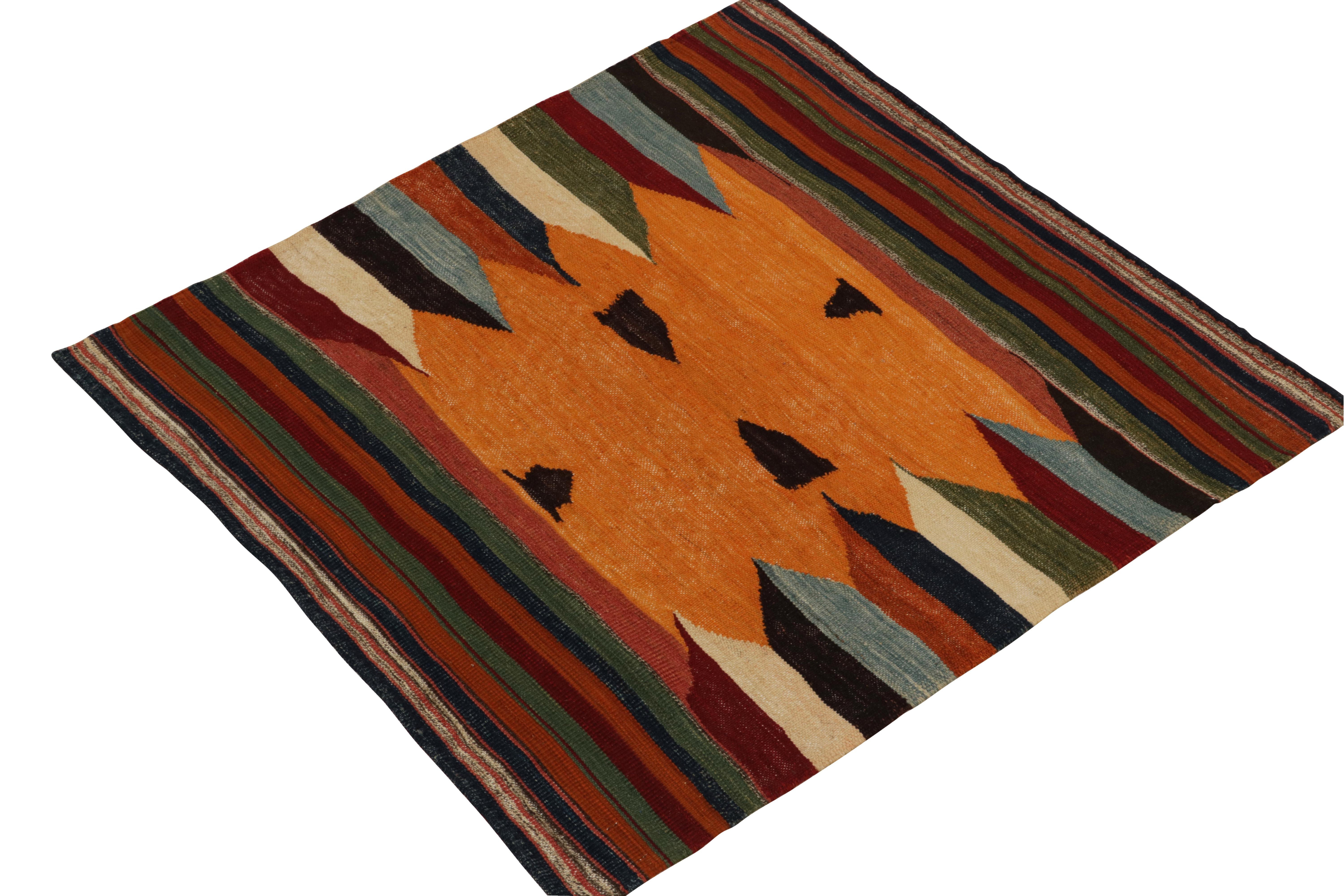 Persian 1980s Vintage Sofreh Kilim Rug in Orange Tribal Stripe Patterns by Rug & Kilim For Sale