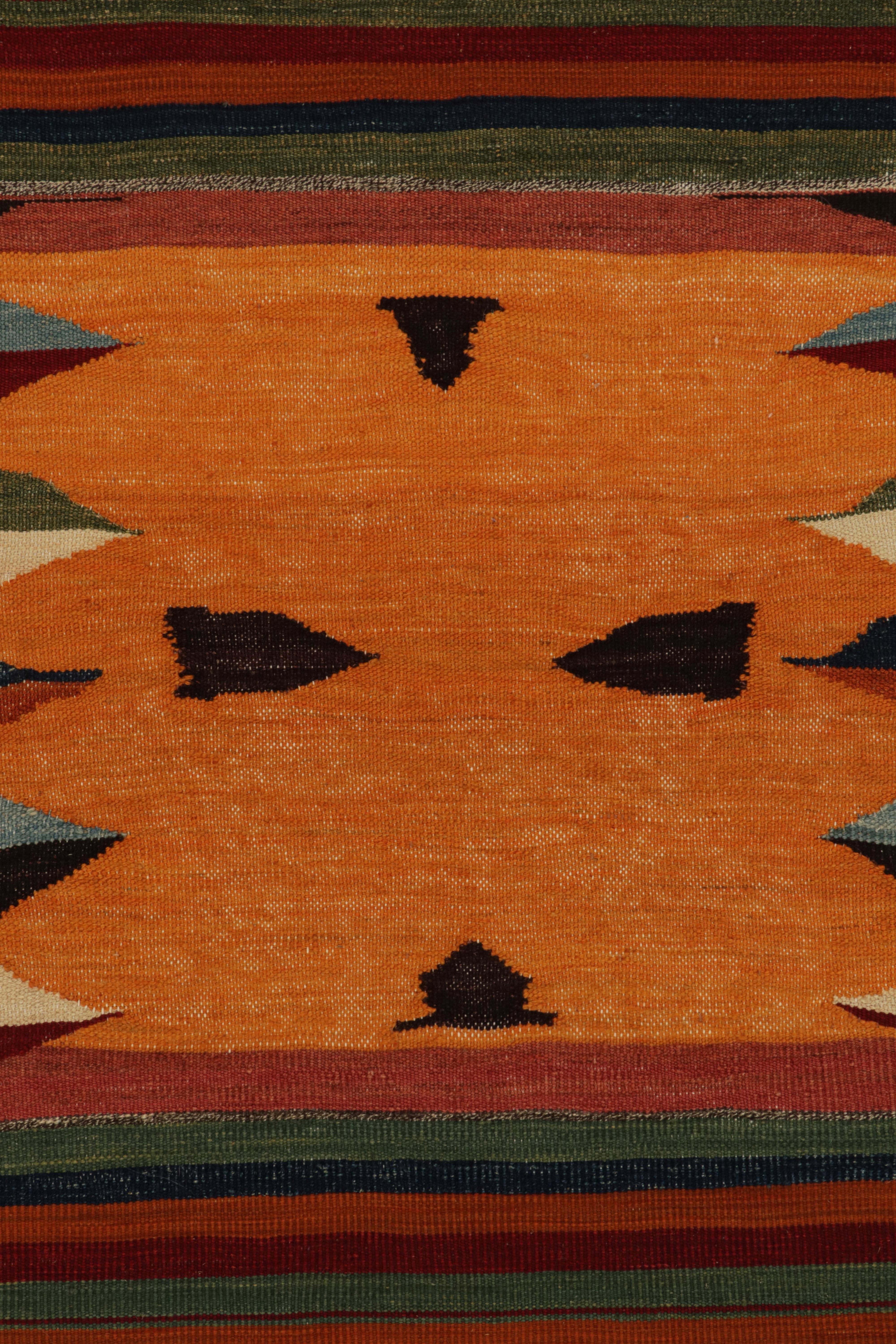 1980s Vintage Sofreh Kilim Rug in Orange Tribal Stripe Patterns by Rug & Kilim In Good Condition For Sale In Long Island City, NY