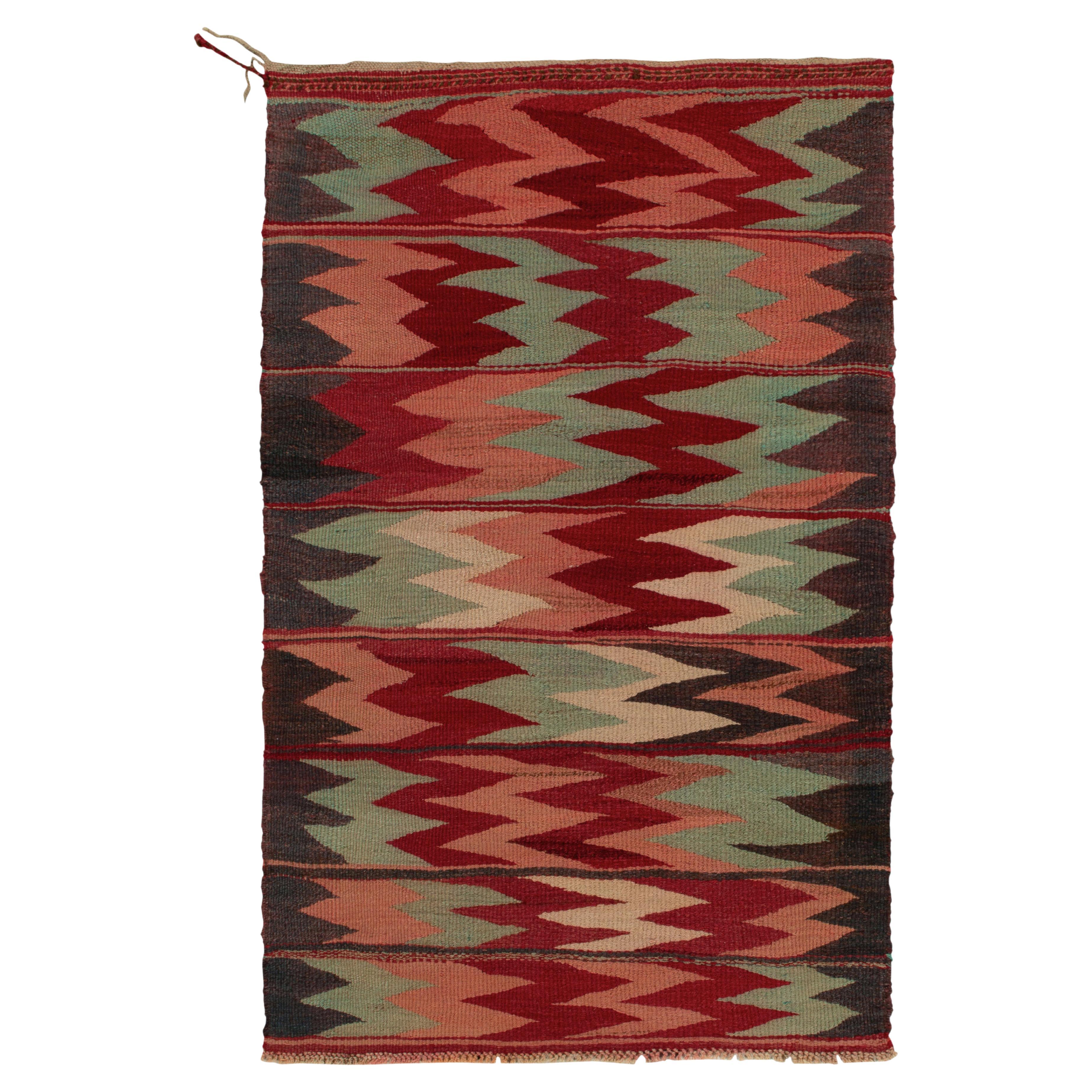 1980s Vintage Sofreh Kilim Rug in Red, Pink Zig Zag Patterns by Rug & Kilim For Sale