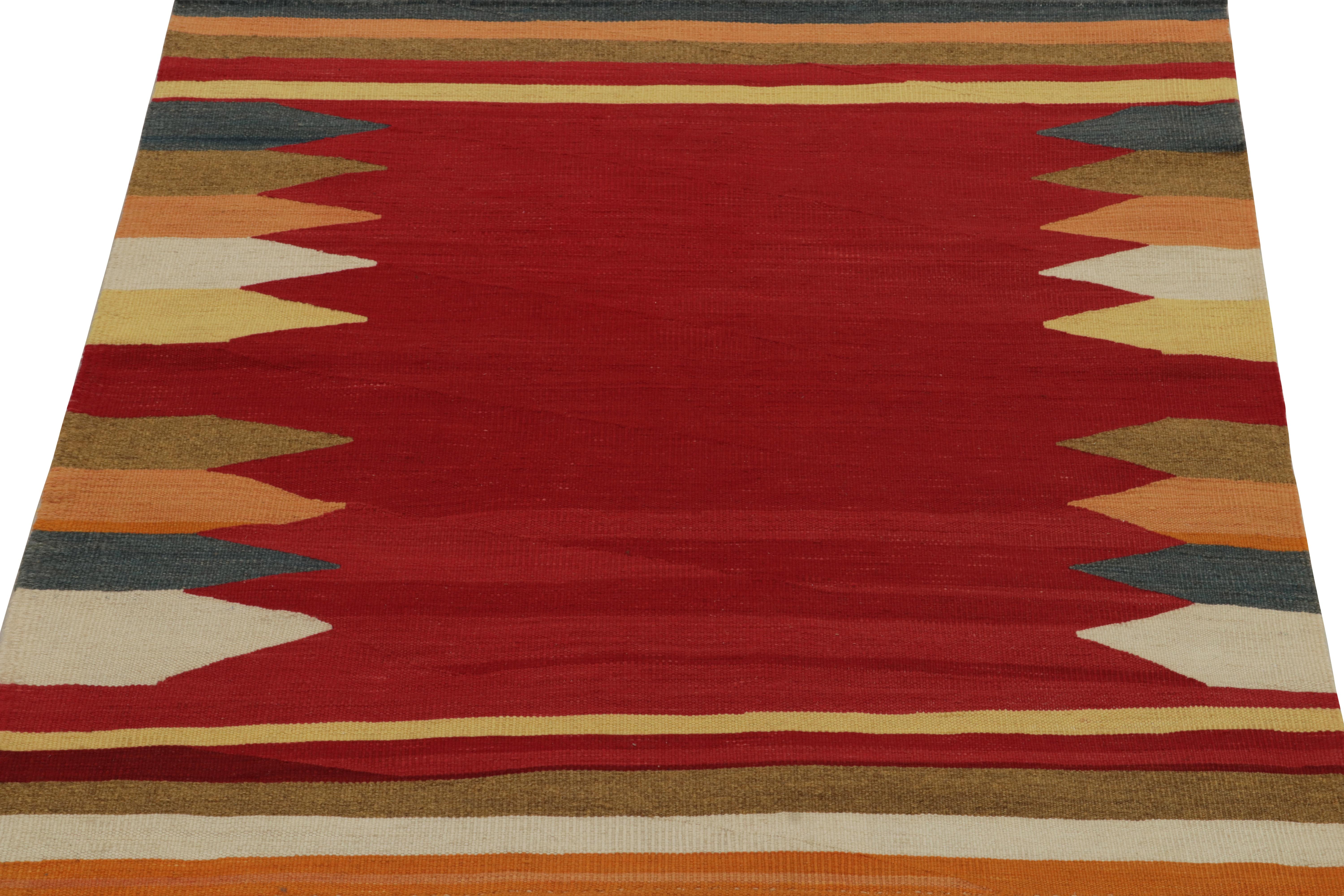 Handwoven in wool circa 1980-1990, from a rare vintage curation of small-sized Kilims newly unveiled from our classic collections. Referred to as Sofreh rugs, distinguished for both style and durability among Persian flat weaves of their time.