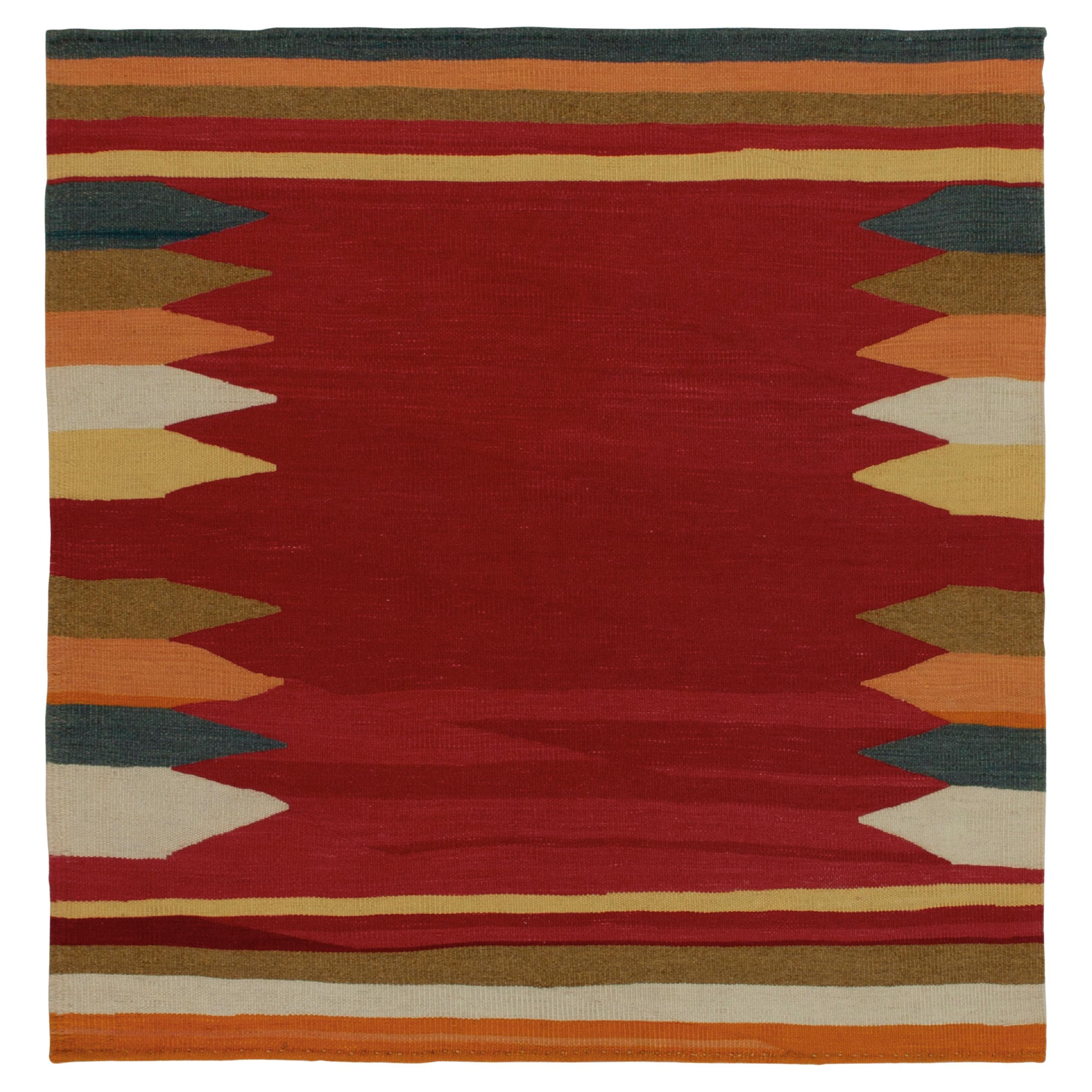 1980s Vintage Sofreh Kilim Rug in Red & Colorful Geometric Border by Rug & Kilim For Sale