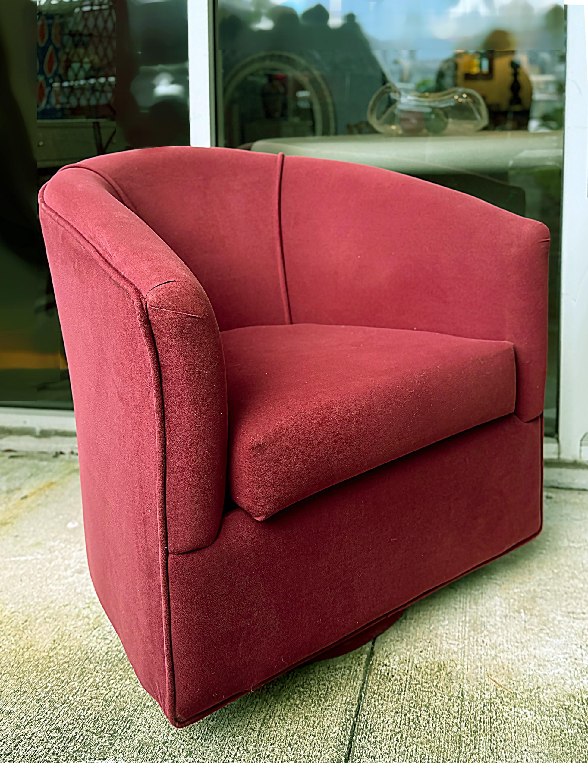 1980s Vintage Upholstered Swivel Barrel Back Club Chairs, Pair with Original Fabric

Offered for sale is a pair of vintage 1980s swivel chairs upholstered in the original fabric.  The chairs are upholstered in a sturdy thick fabric that is in good