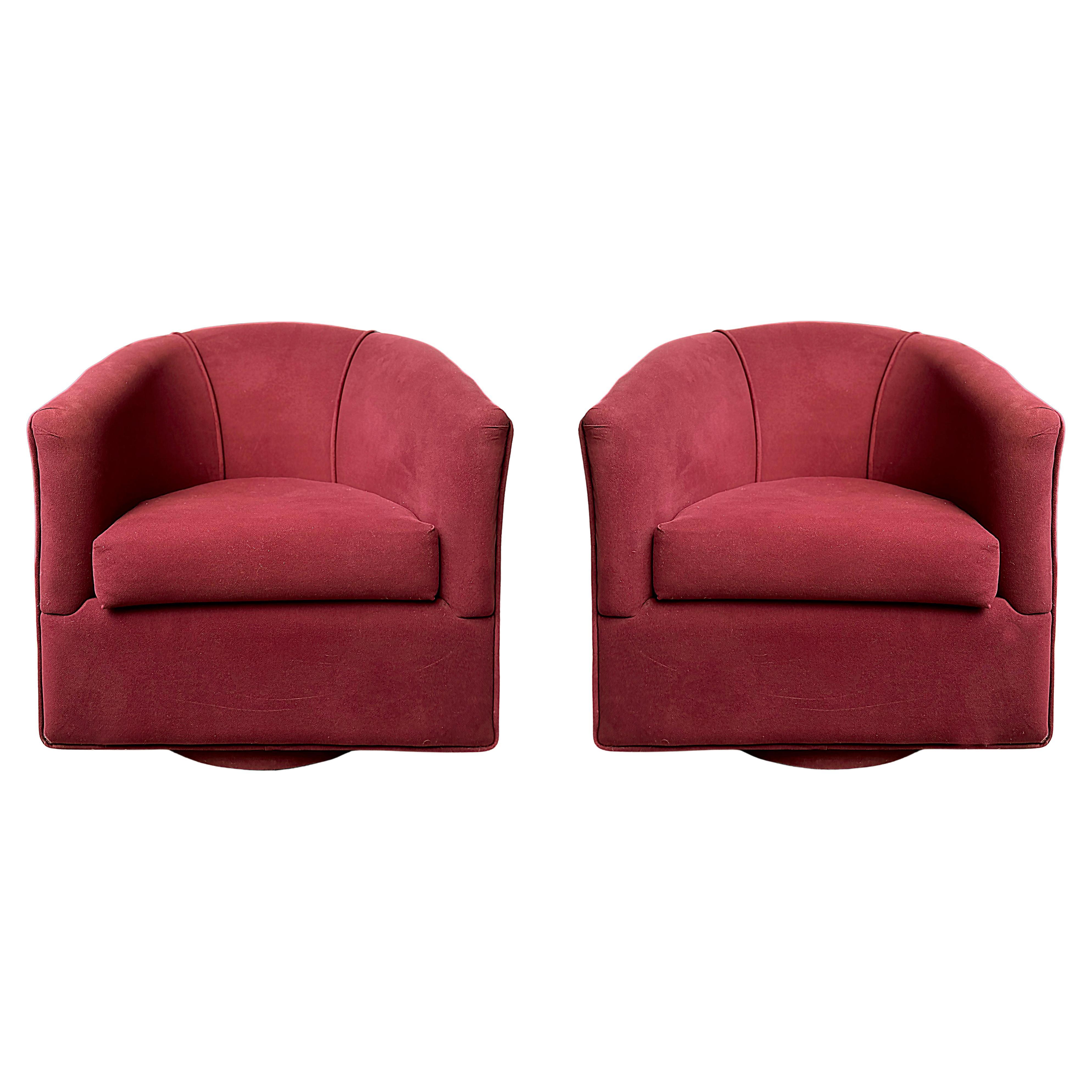 1980s Vintage Upholstered Swivel Barrel Back Club Chairs, Pair, Original Fabric in vendita