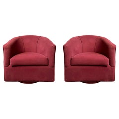 1980s Vintage Upholstered Swivel Barrel Back Club Chairs, Pair, Original Fabric