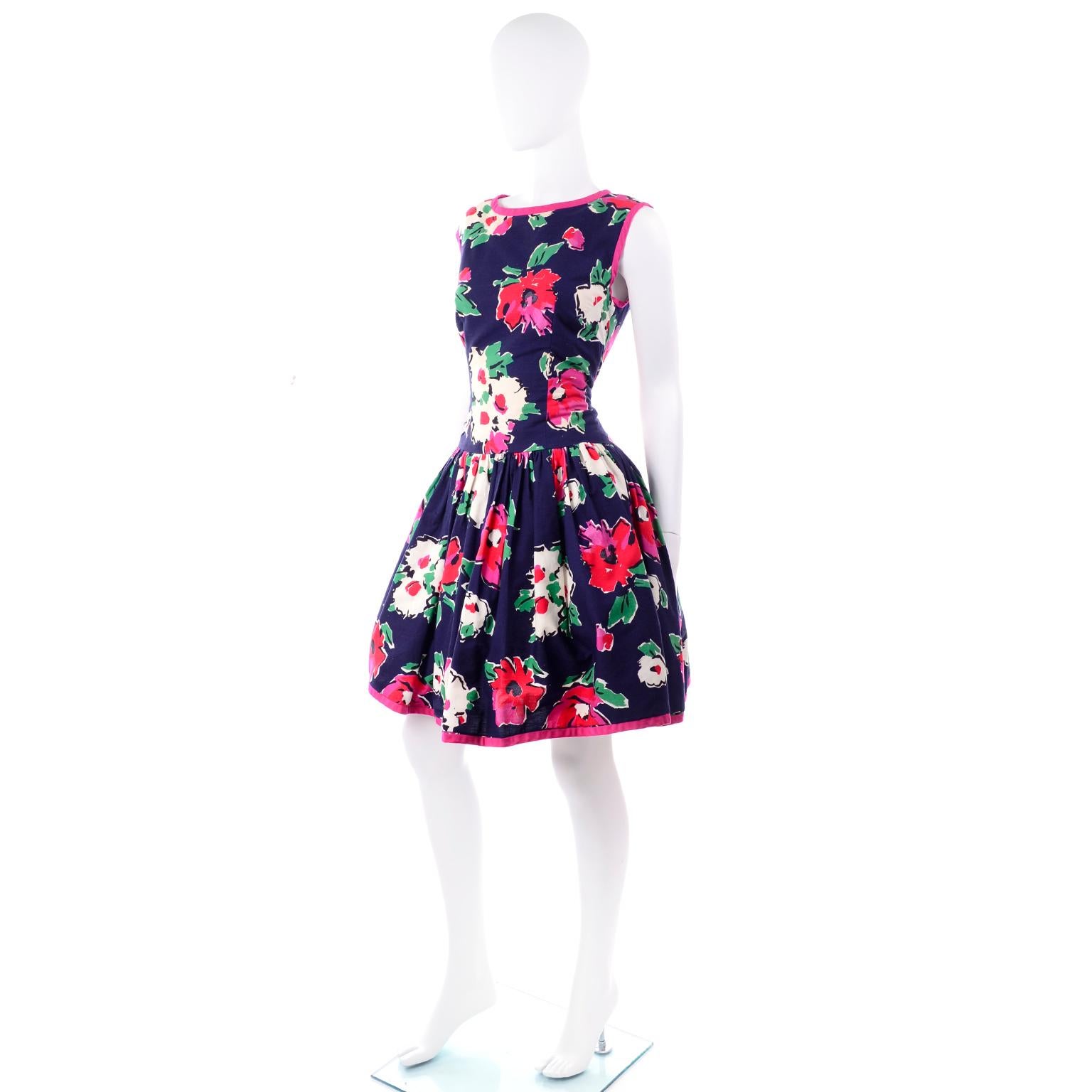 1980s Vintage Victor Costa Blue Open Back Dress W/ Pink & Red Flowers 1