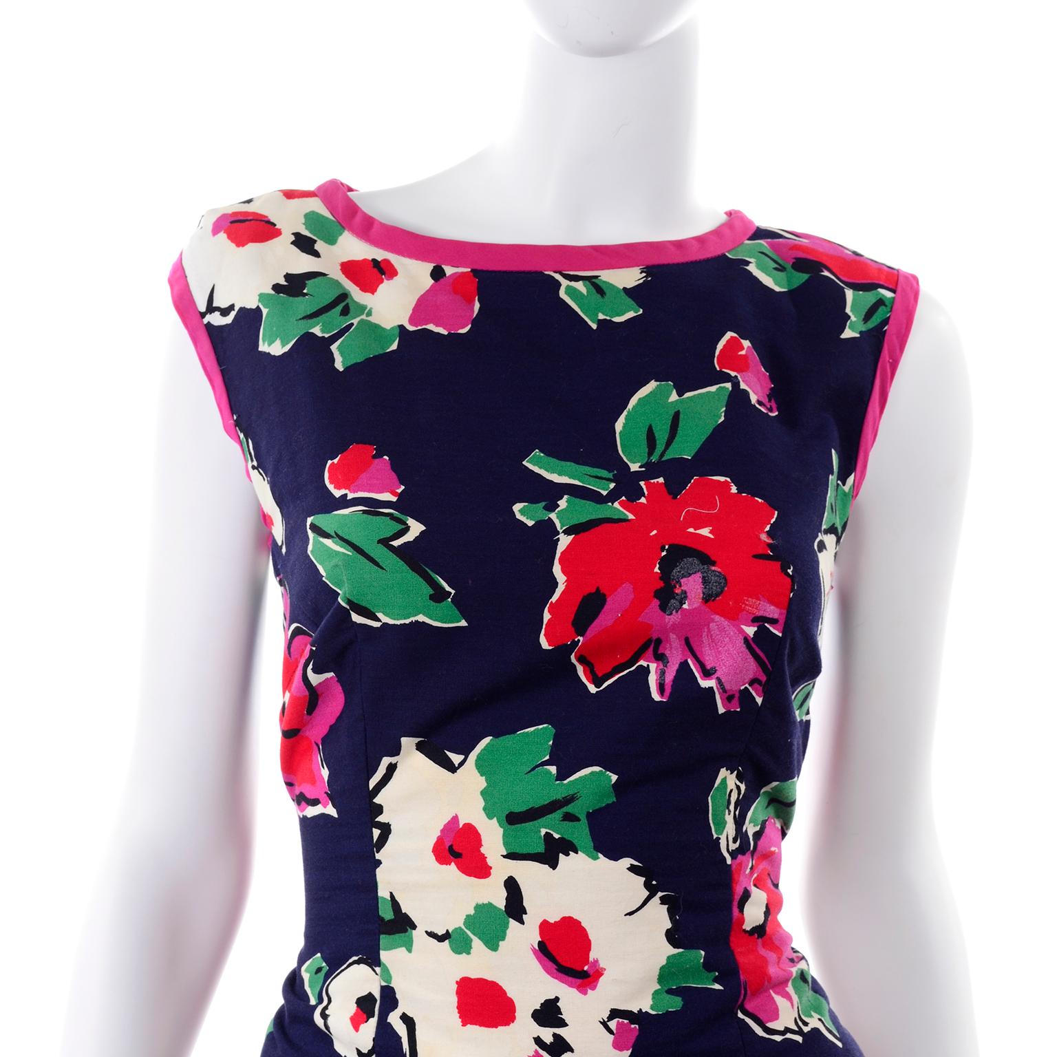 1980s Vintage Victor Costa Blue Open Back Dress W/ Pink & Red Flowers 3
