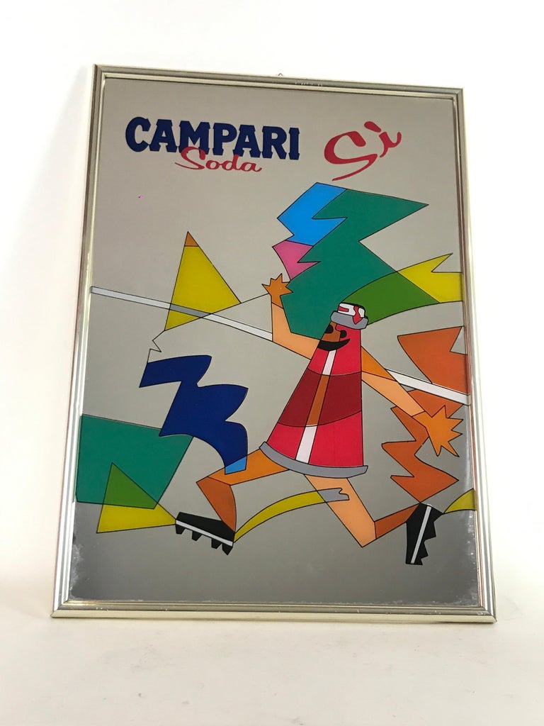 Mid-Century Modern 1980s Vintage Wall Mirror Advertising Campari Soda Sì Made in Italy For Sale