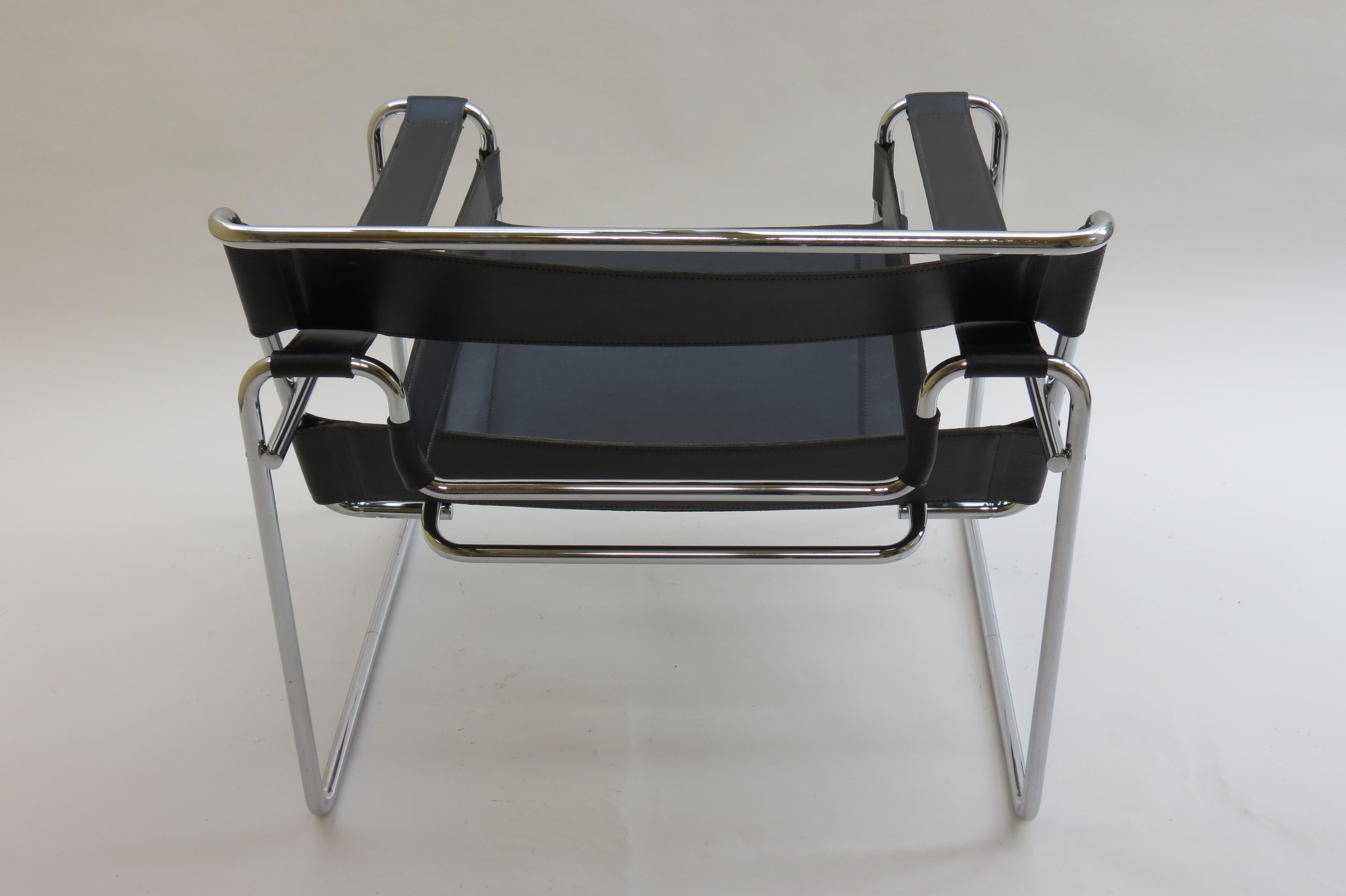1980s Vintage Wassily B3 Black Leather and Chrome Chair Marcel Breuer 2 Avail B 2