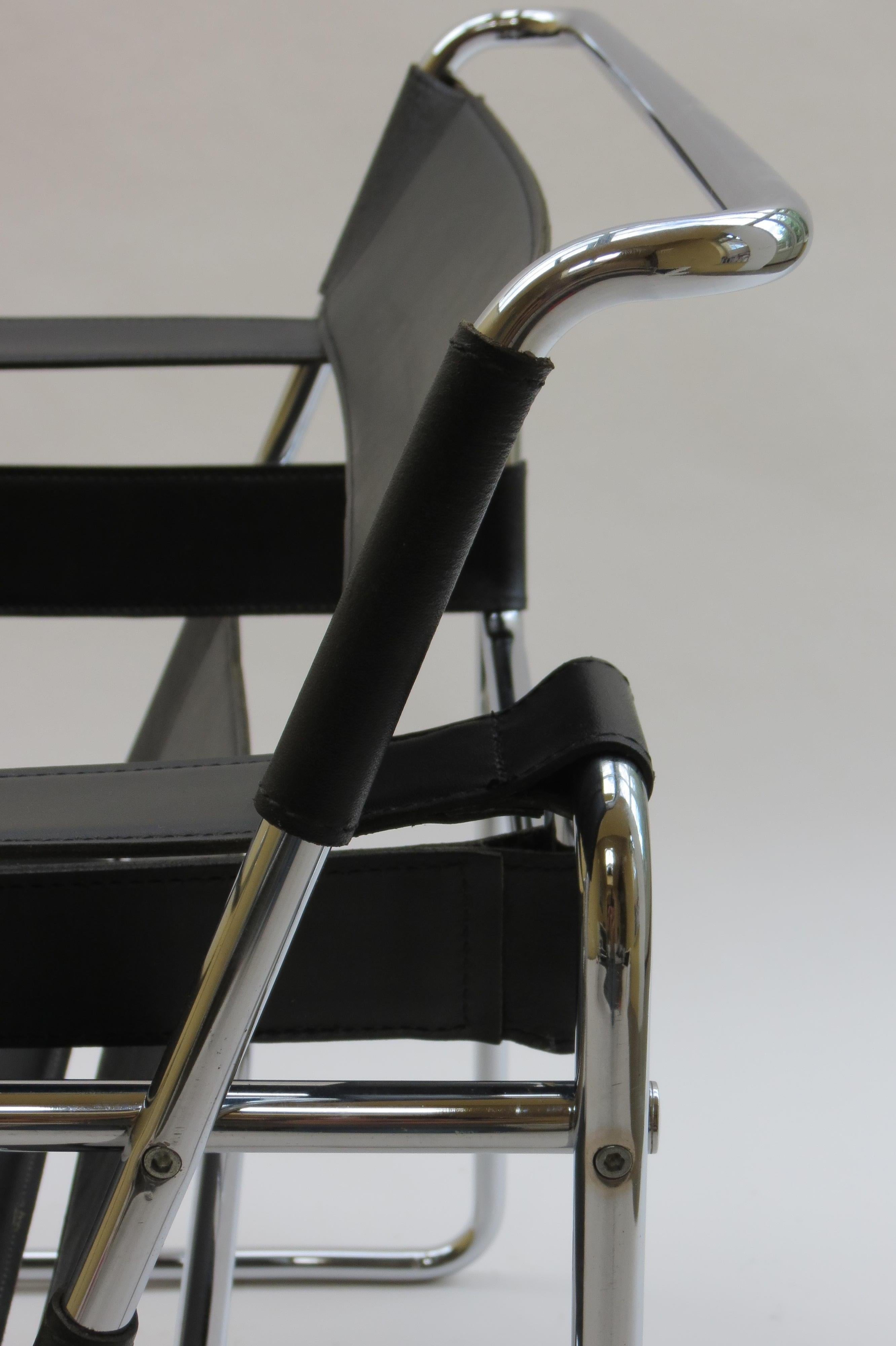 Machine-Made 1980s Vintage Wassily B3 Black Leather and Chrome Chair Marcel Breuer 2 Avail B