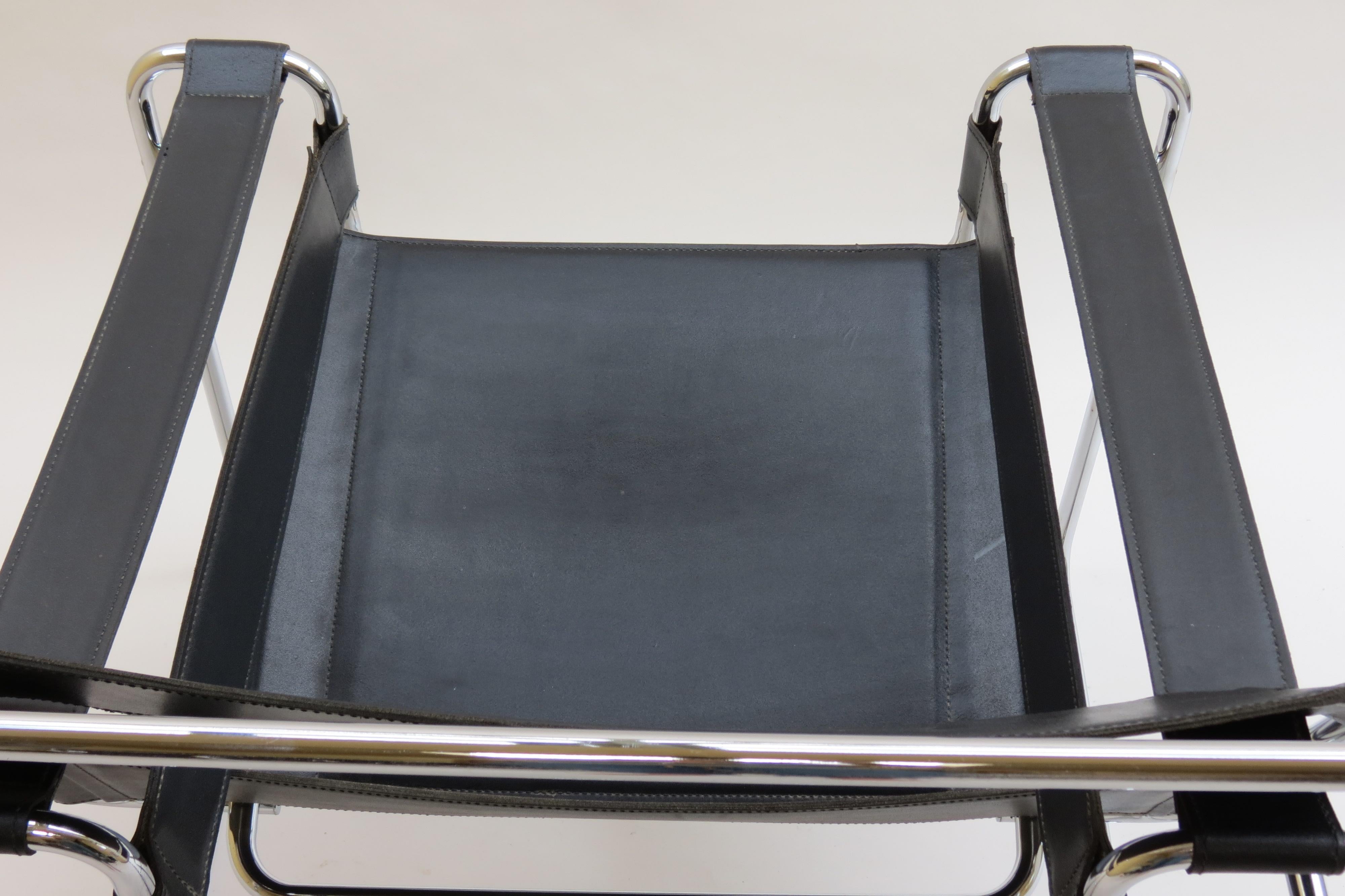1980s Vintage Wassily B3 Black Leather and Chrome Chair Marcel Breuer 2 Avail B 1