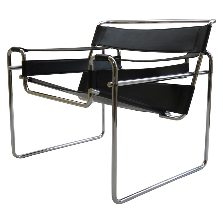 1980s Vintage Wassily B3 Black Leather, Vintage Black Leather And Chrome Chair
