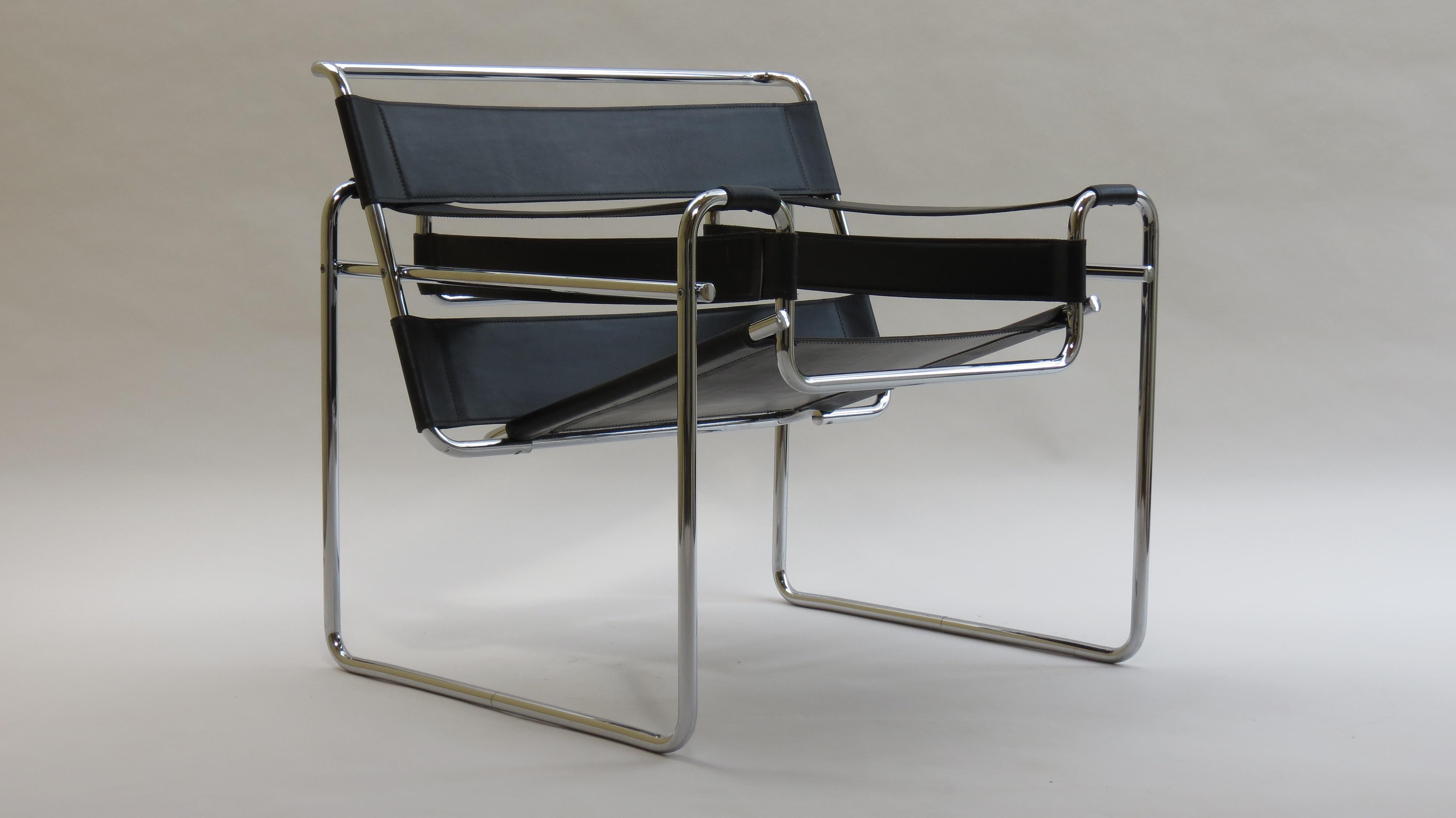 Wassily chair designed by Marcel Breuer. The original year of design of this chair was 1925, this particular chair was manufactured in the early 1980s.

A very nice vintage Wassily chair manufactured in the 1980s. Unknown manufacturer. Very good