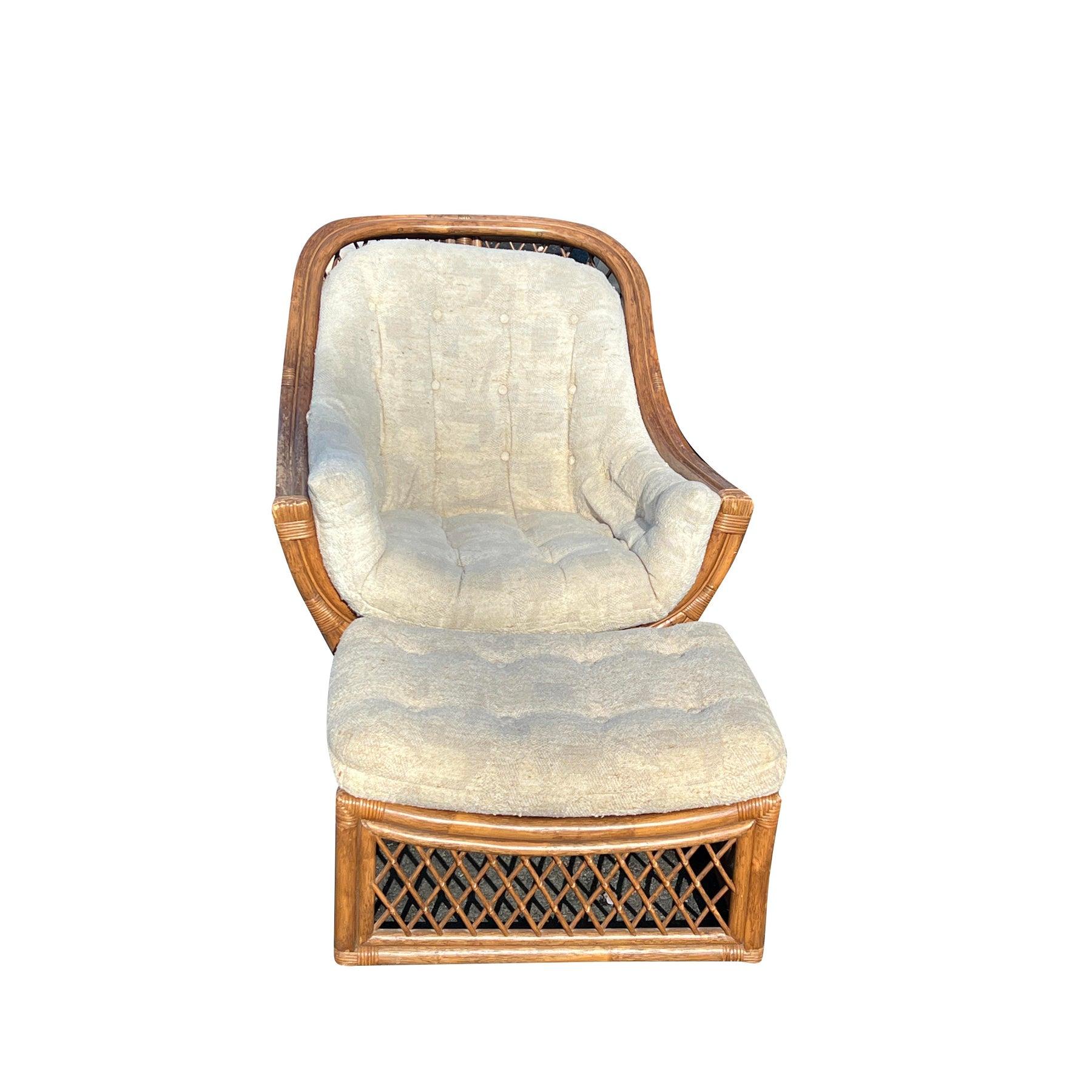 Sedia e ottomana in vimini e rattan vintage degli anni '80 in stile costiero di Adrian Pearsall In condizioni buone in vendita a Saddle River, NJ