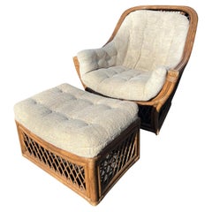 1980s Vintage Wicker Rattan Chair and Ottoman in Adrian Pearsall Coastal Style