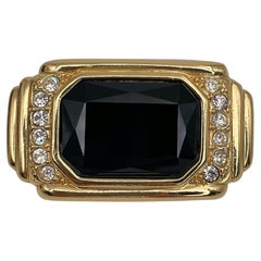 1980s Vintage Yves Saint Laurent Gold Tone Black Rectangle Pin Brooch