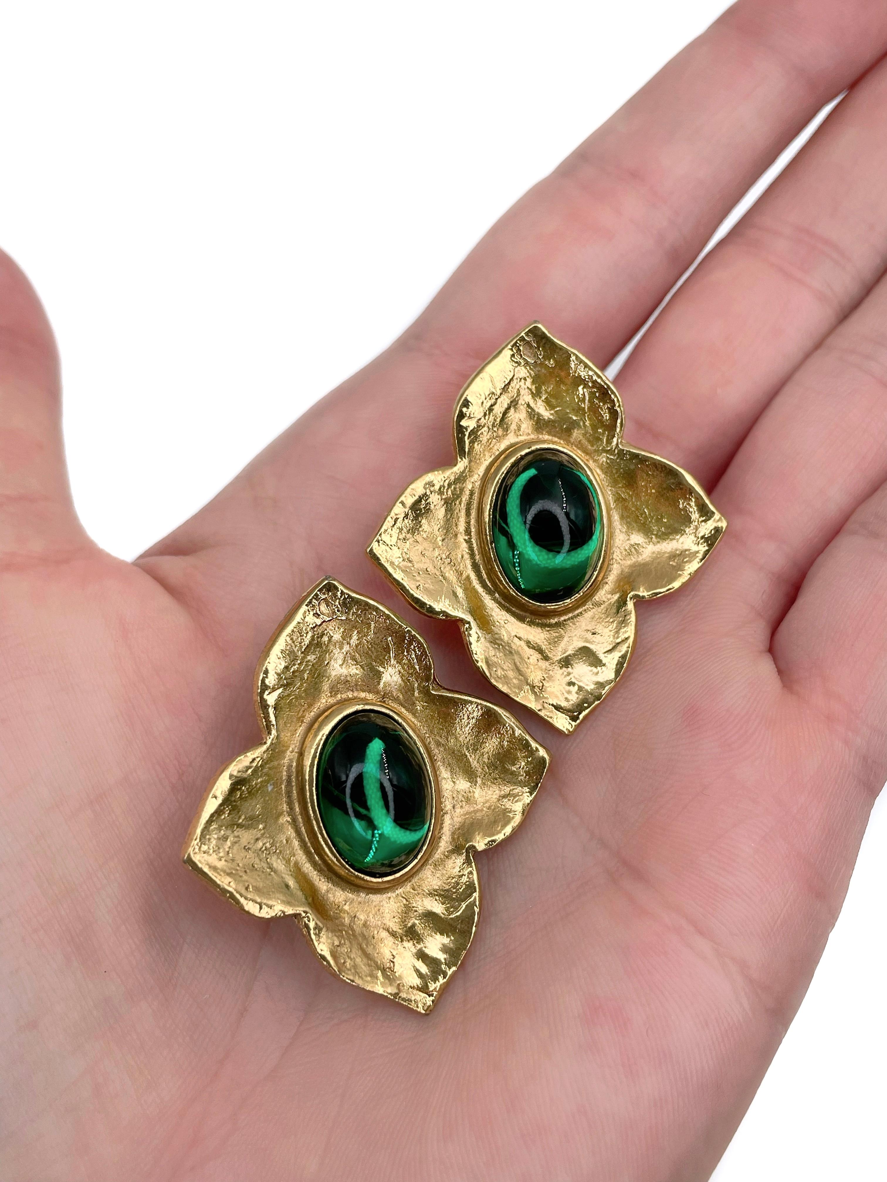 Modern 1980s Vintage Yves Saint Laurent Gold Tone Green Glass Floral Clip-On Earrings