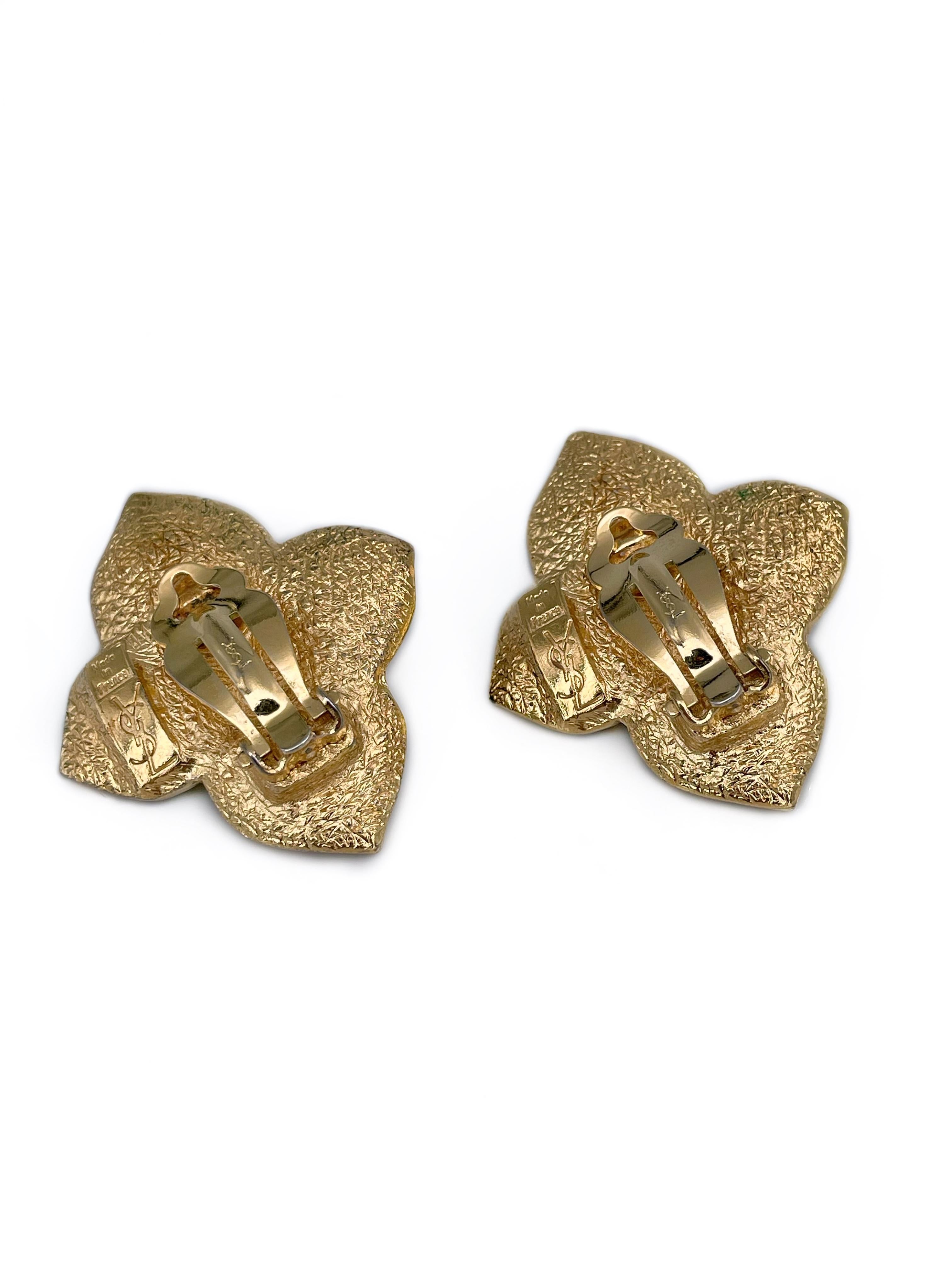 Women's 1980s Vintage Yves Saint Laurent Gold Tone Green Glass Floral Clip-On Earrings