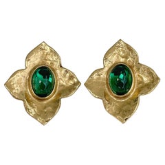 1980s Vintage Yves Saint Laurent Gold Tone Green Glass Floral Clip-On Earrings