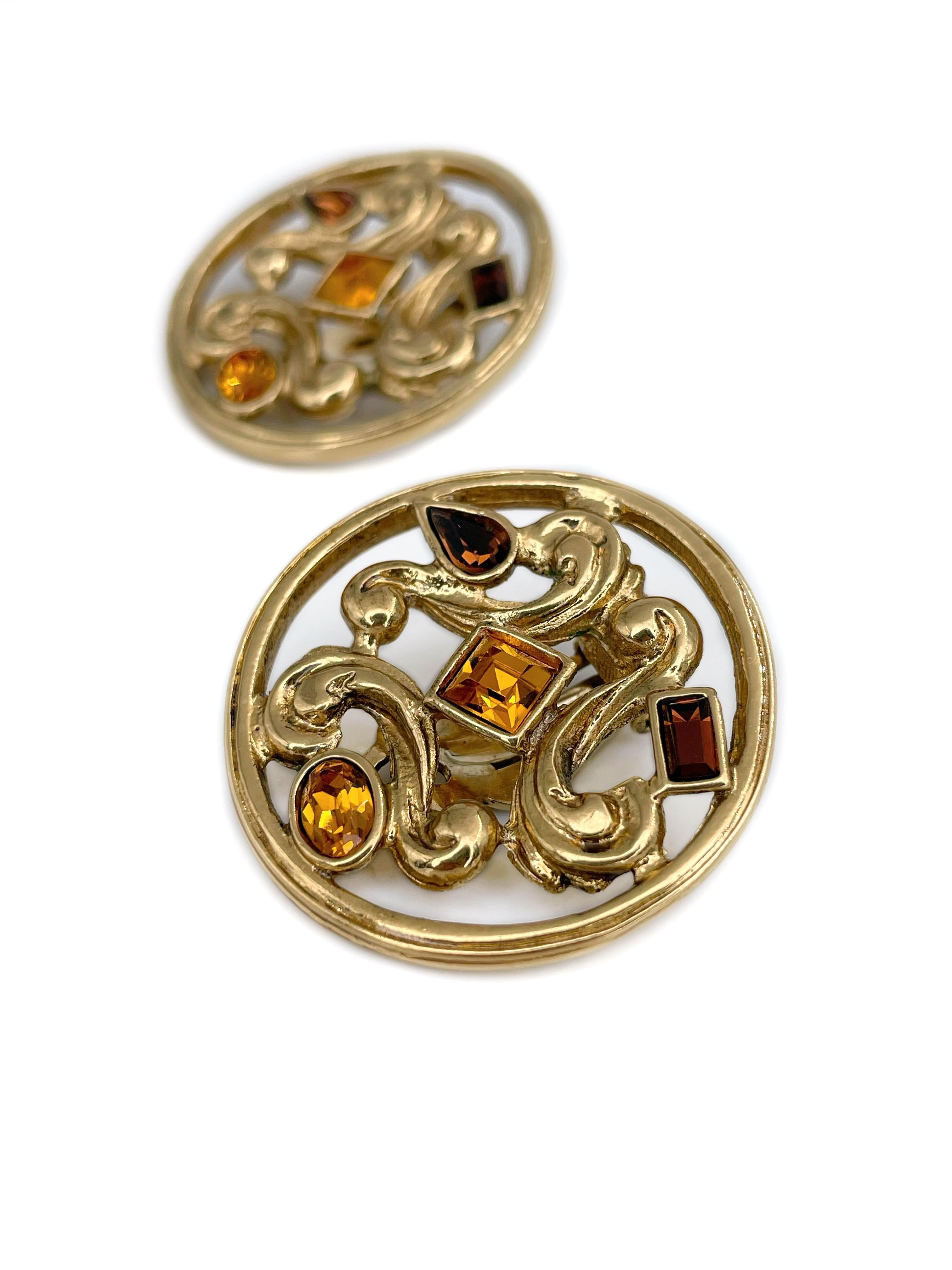 1980er Jahre Vintage Yves Saint Laurent Gold Ton Orange Braun Kristall Clip-On Ohrringe Damen im Angebot