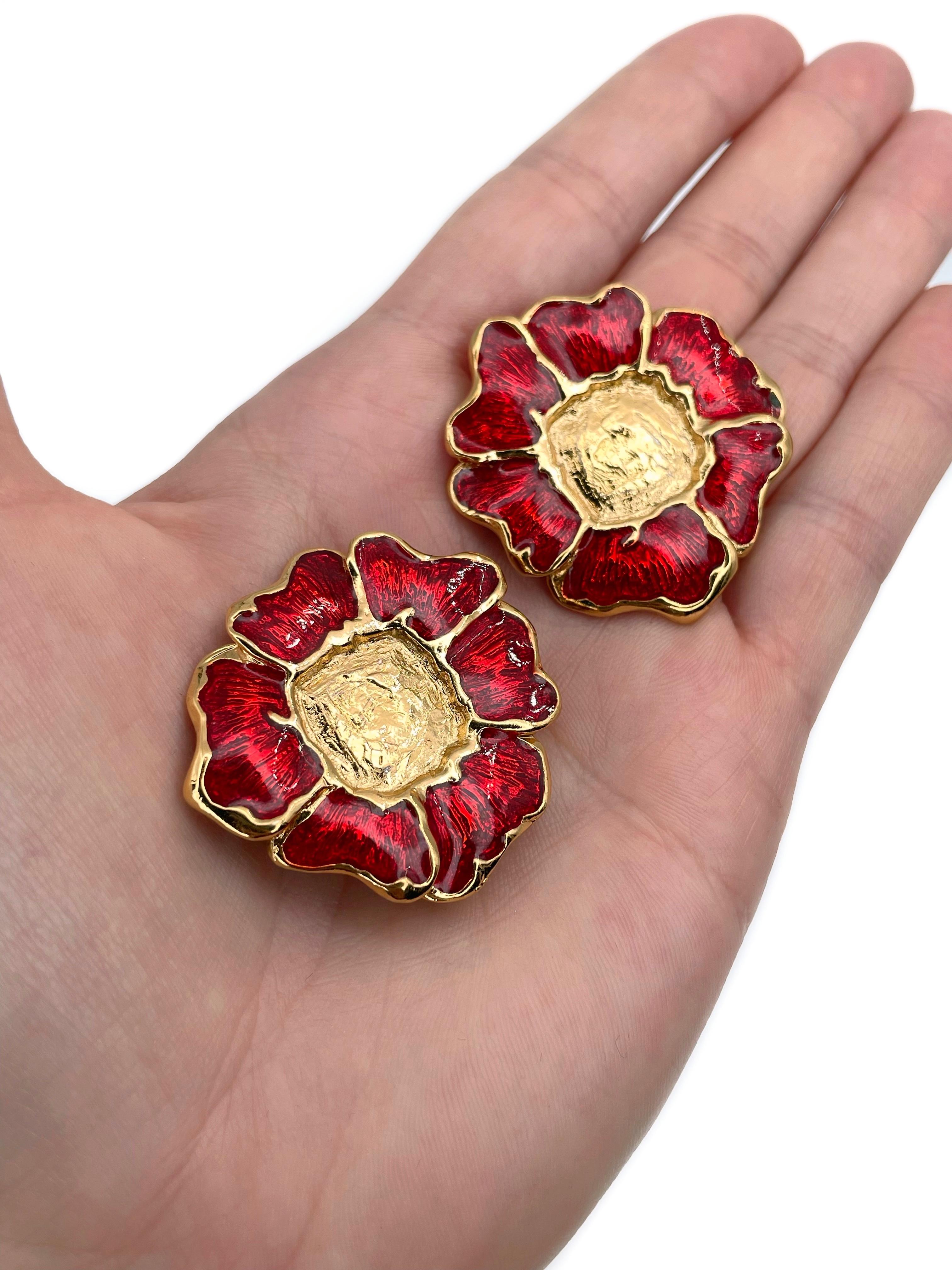 Modern 1980s Vintage Yves Saint Laurent Gold Tone Red Enamel Floral Clip-On Earrings For Sale