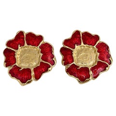 1980s Vintage Yves Saint Laurent Gold Ton Rot Emaille Floral Clip-On Ohrringe