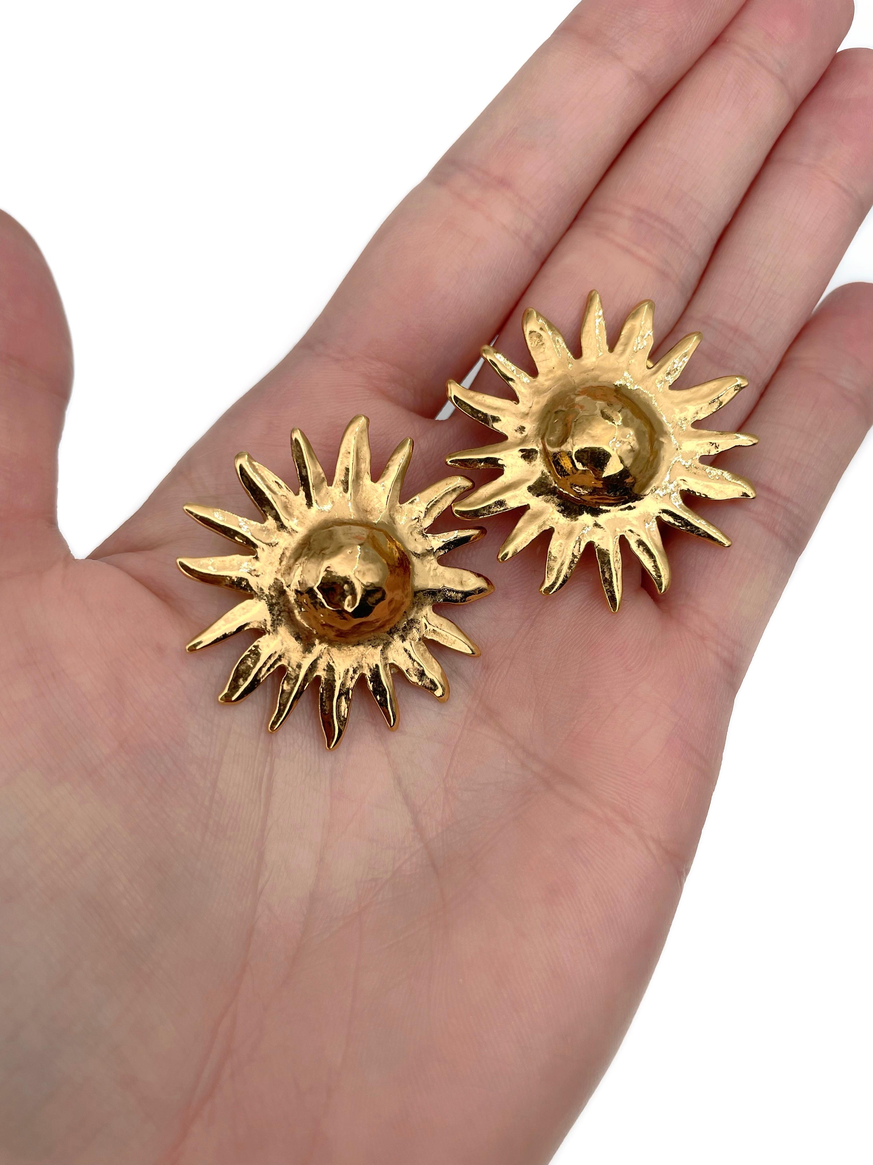 Modern 1980s Vintage Yves Saint Laurent Gold Tone Sun Clip-On Earrings For Sale