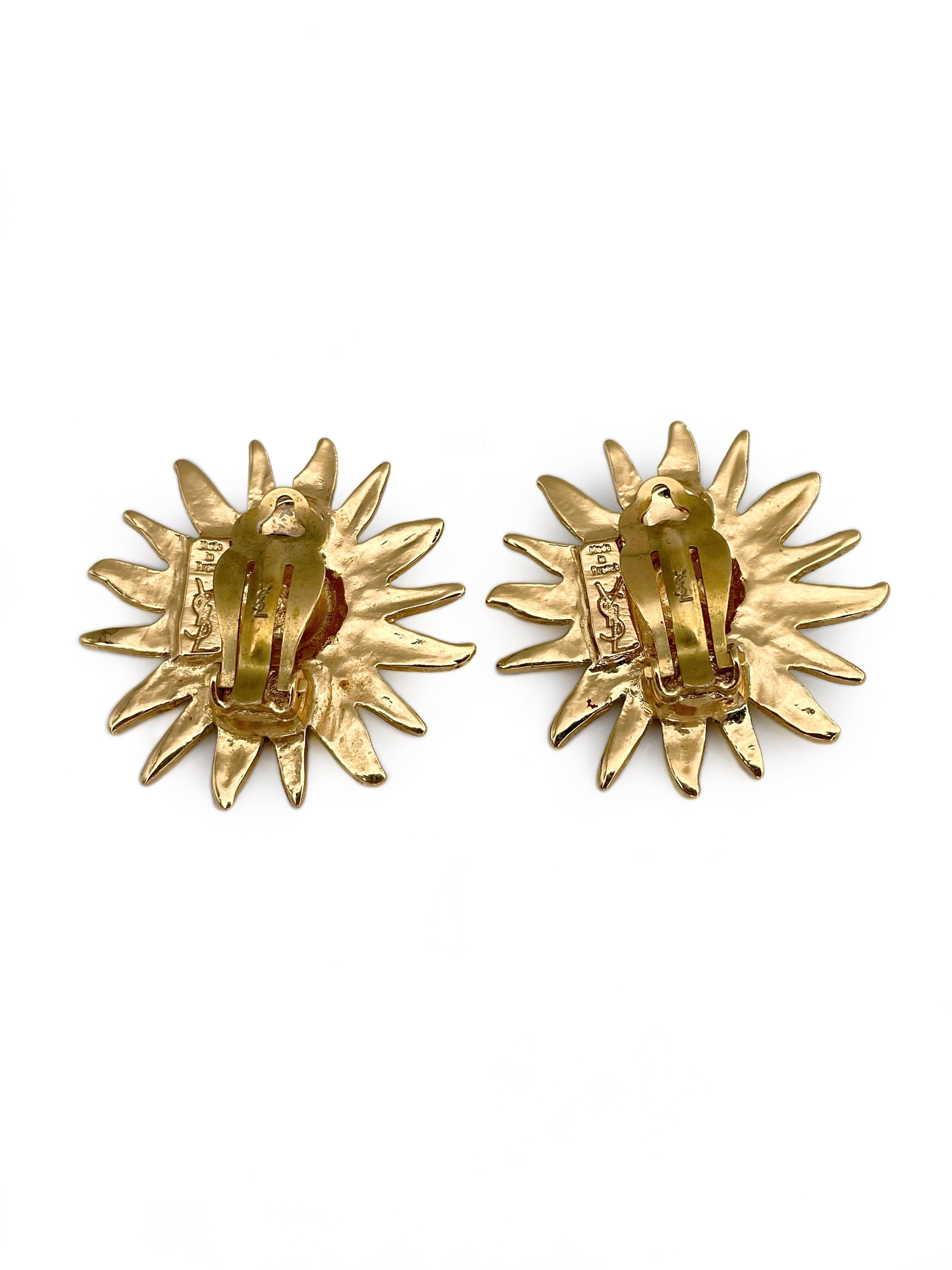 Women's 1980s Vintage Yves Saint Laurent Gold Tone Sun Clip-On Earrings For Sale