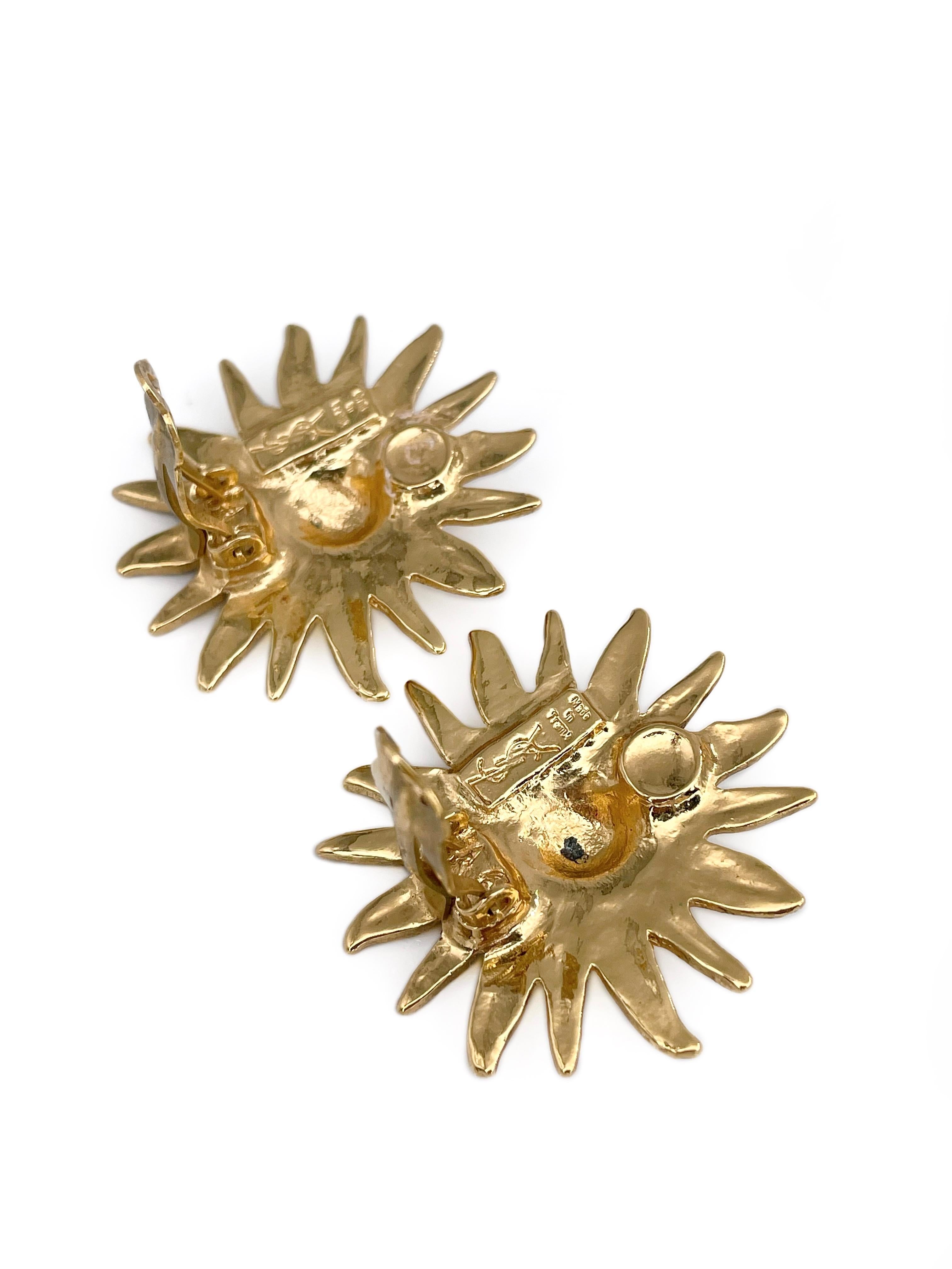 1980s Vintage Yves Saint Laurent Gold Tone Sun Clip-On Earrings For Sale 1