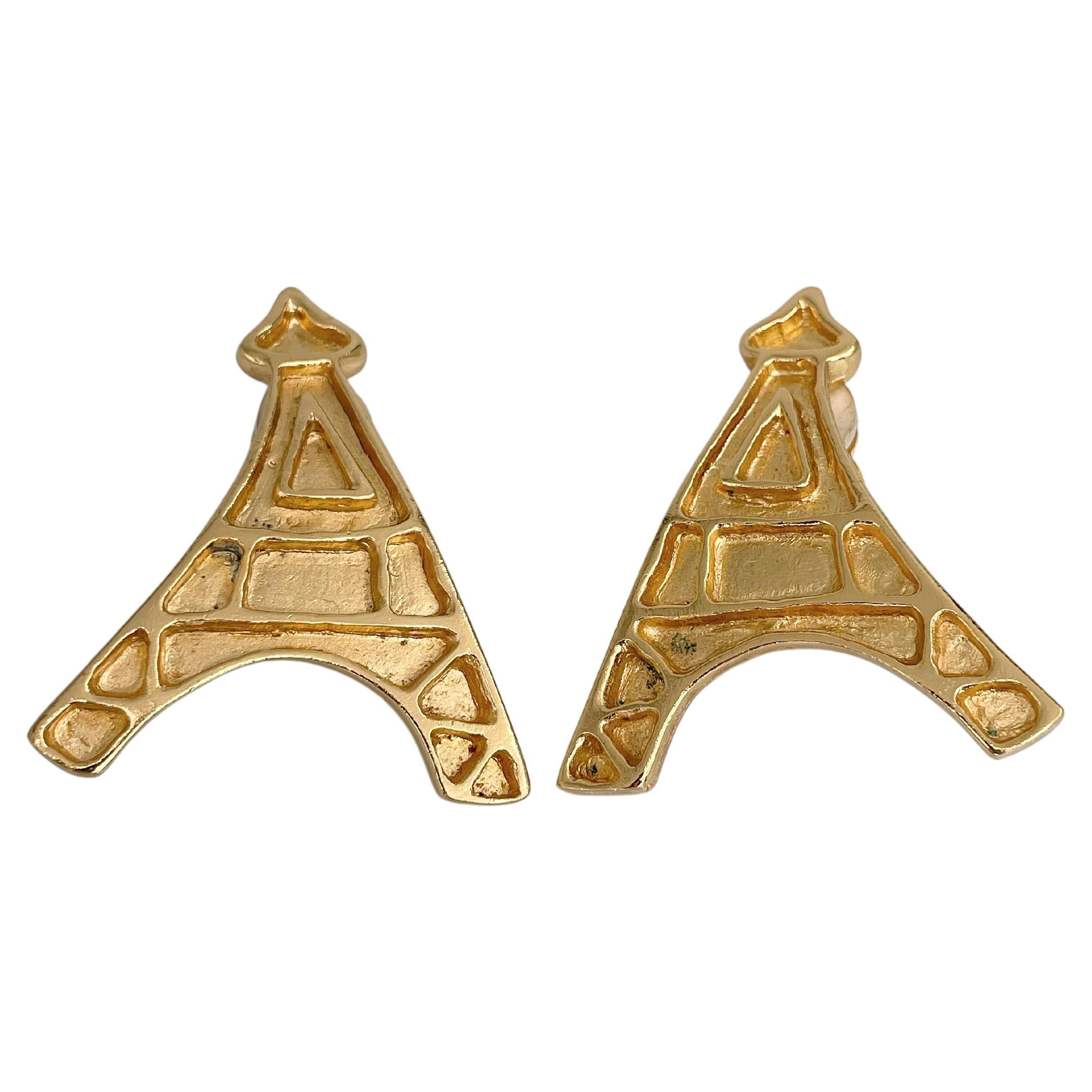 1980s Vintage Yves Saint Laurent Iconic Gold Tone Eiffel Tower Clip-On Earrings For Sale