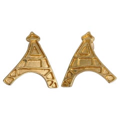 1980s Used Yves Saint Laurent Iconic Gold Tone Eiffel Tower Clip-On Earrings