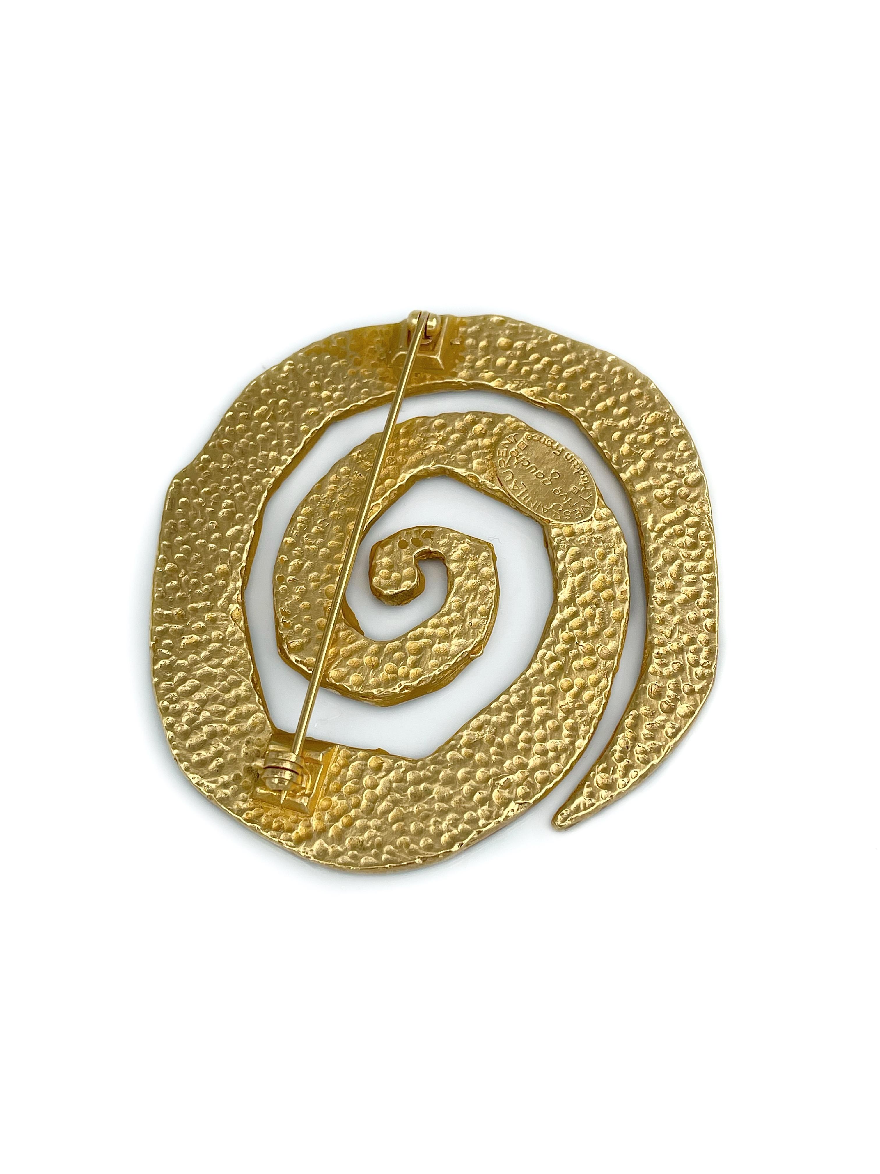 1980s Vintage Yves Saint Laurent Rive Gauche YSL Gold Tone Spiral Pin Brooch In Good Condition In Vilnius, LT