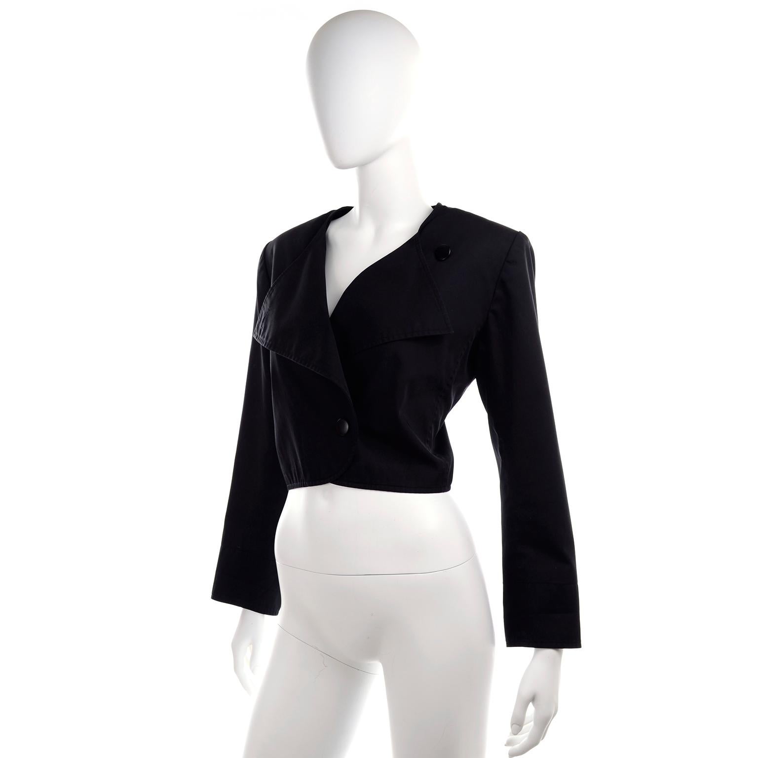 Women's 1980s Vintage Yves Saint Laurent YSL Black Cotton Short Jacket French Size 44