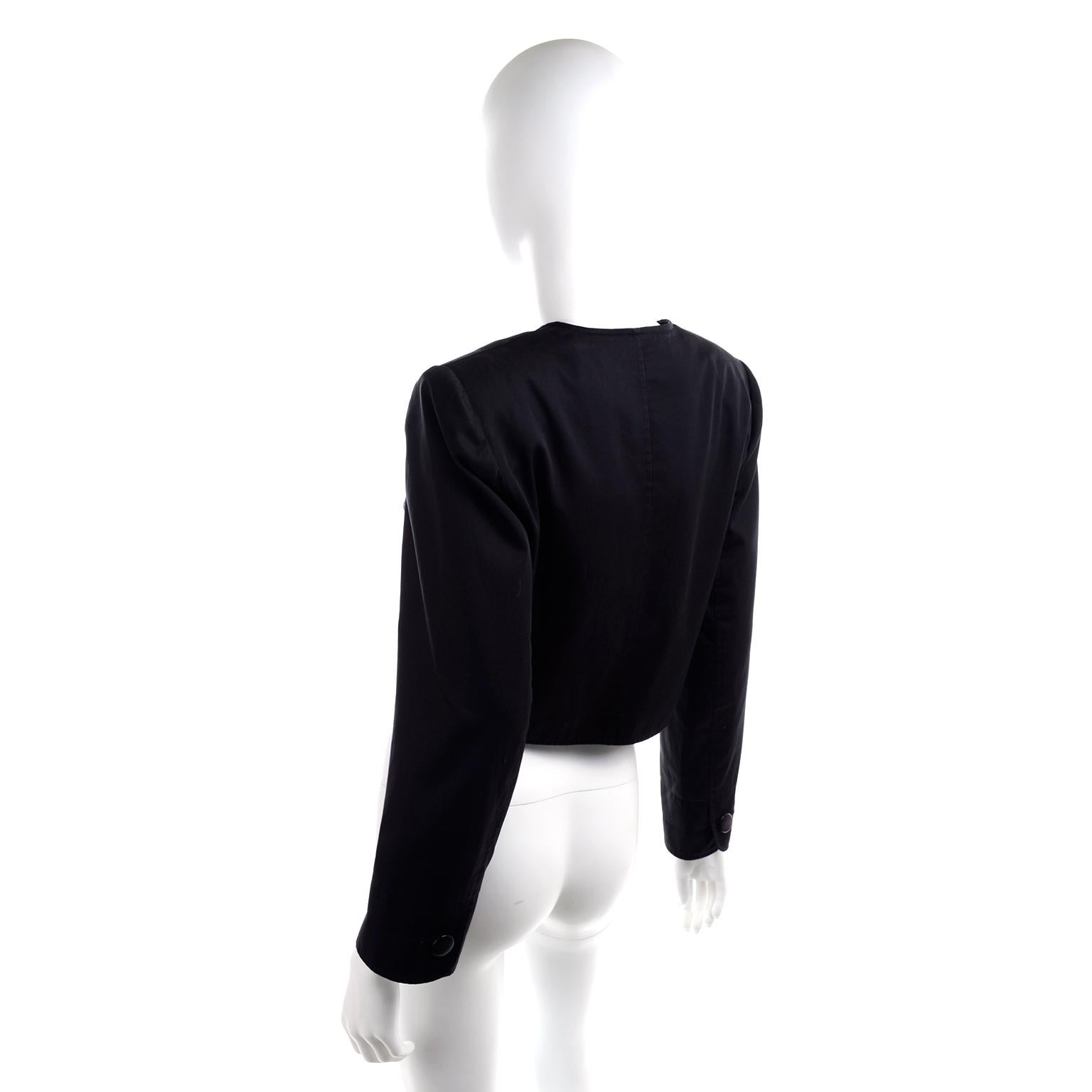 1980s Vintage Yves Saint Laurent YSL Black Cotton Short Jacket French Size 44 1