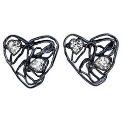 1980s Vintage Yves Saint Laurent YSL Black Tone Crystal Heart Clip On Earrings