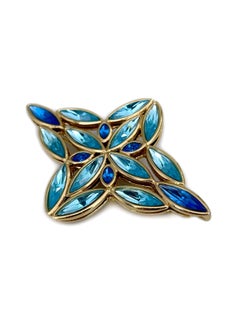 1980s Vintage Yves Saint Laurent YSL Blue Aqua Crystal Brooch Pendant
