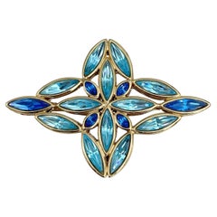 1980s Vintage Yves Saint Laurent YSL Blue Aqua Crystal Brooch Pendant