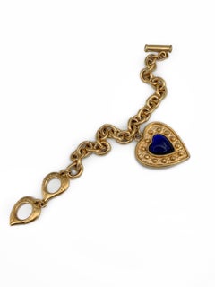 1980s Vintage Yves Saint Laurent YSL Tono de Oro Azul Pulsera de cadena de encanto del corazón