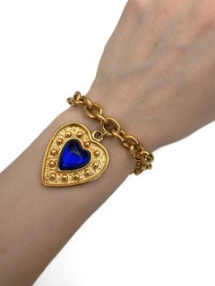 1980s Vintage Yves Saint Laurent YSL Gold Tone Blue Heart Charm Chain Bracelet