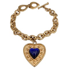 1980s Vintage Yves Saint Laurent YSL Gold Tone Blue Heart Charm Chain Bracelet