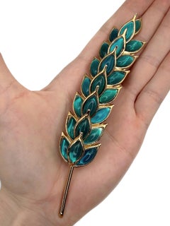 1980s Vintage Yves Saint Laurent YSL Gold Tone Bluish Green Wheat Pin Brooch